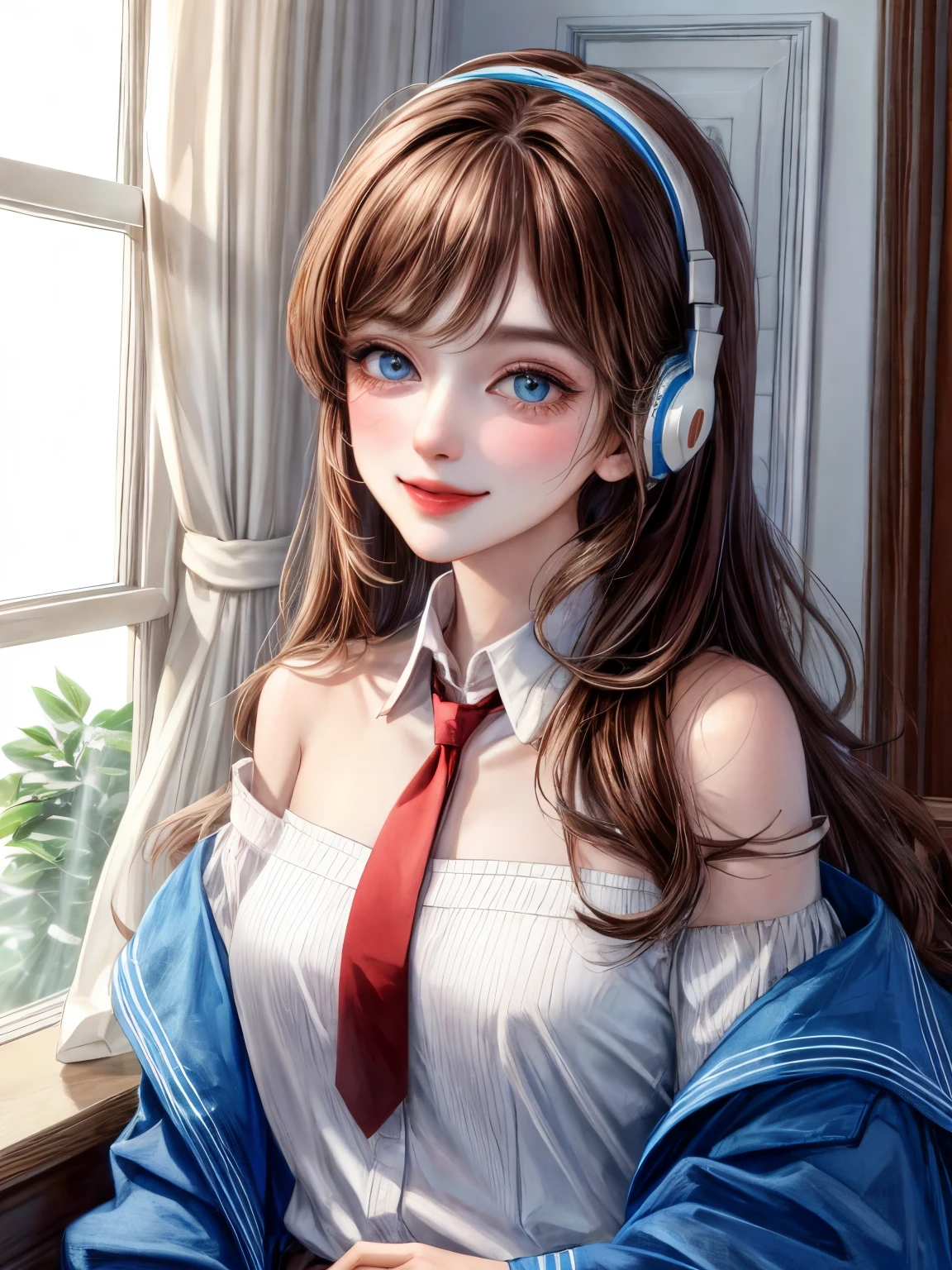 (masterpiece, best quality:1.2),illustration,8k,hd,1girl,solo,upper body,(portrait:1.2),blue_eyes,blush,bangs,headphones,brown_hair,breasts,smile,very_long_hair,black_hair,collared_shirt,white_shirt,long_sleeves,red_necktie,blue_jacket,sleeves_past_wrists,off_shoulder,sleeves_past_fingers,