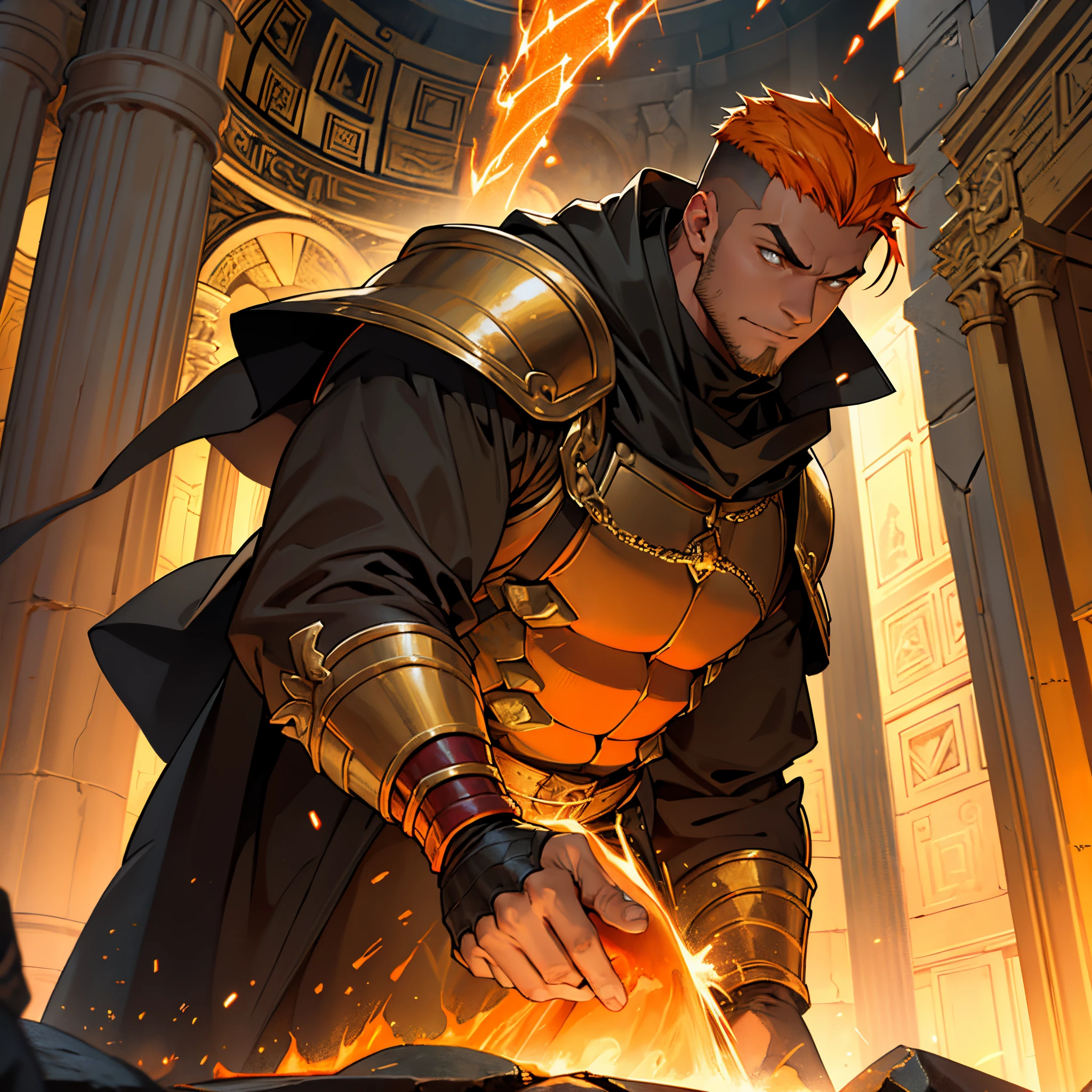 ​masterpiece, Best Quality, 4k, Background with:Inside the Pantheon with lava flowing, skin fade men's hair (orange color), big young man......., humorous expression, knight of seville,yellow grade armor, long black coat, Sparks fly