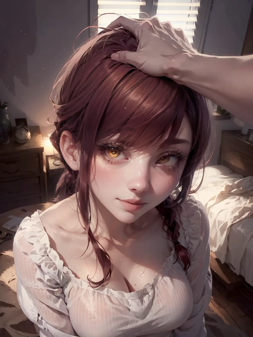 (master piece: 1.1) BREAK makima\(chainsaw man\) BREAK (red hair, braided ponytail, shaded perfect body, sclera_eyes, ringed eyes) ((IncrsHeadpatPOV, headpat, pov)), wearing casual shirt, mature body, flawless fingers, ideal hand structure, she is getting a pat on the head, she is smiling, (detailed yellow eyes), detailed face, high details on face, ((flushed face)), blush, bright eyes, lewd face, anime style, soft lighting, bedroom, pink bedroom, perfect_enviroment, above view,