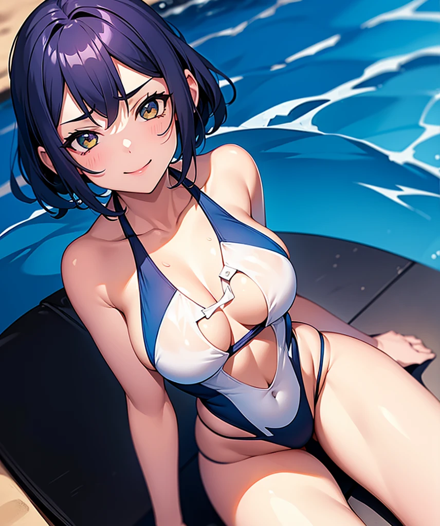 1girl, (((nadador))), Olhando para o Viewer, camera angle looking up, wearing one-piece swimwear, Seios enormes, breasts sticking out of the side of the swimsuit, Contorno do mamilo, contorno do umbigo, corpo molhado sorrindo
