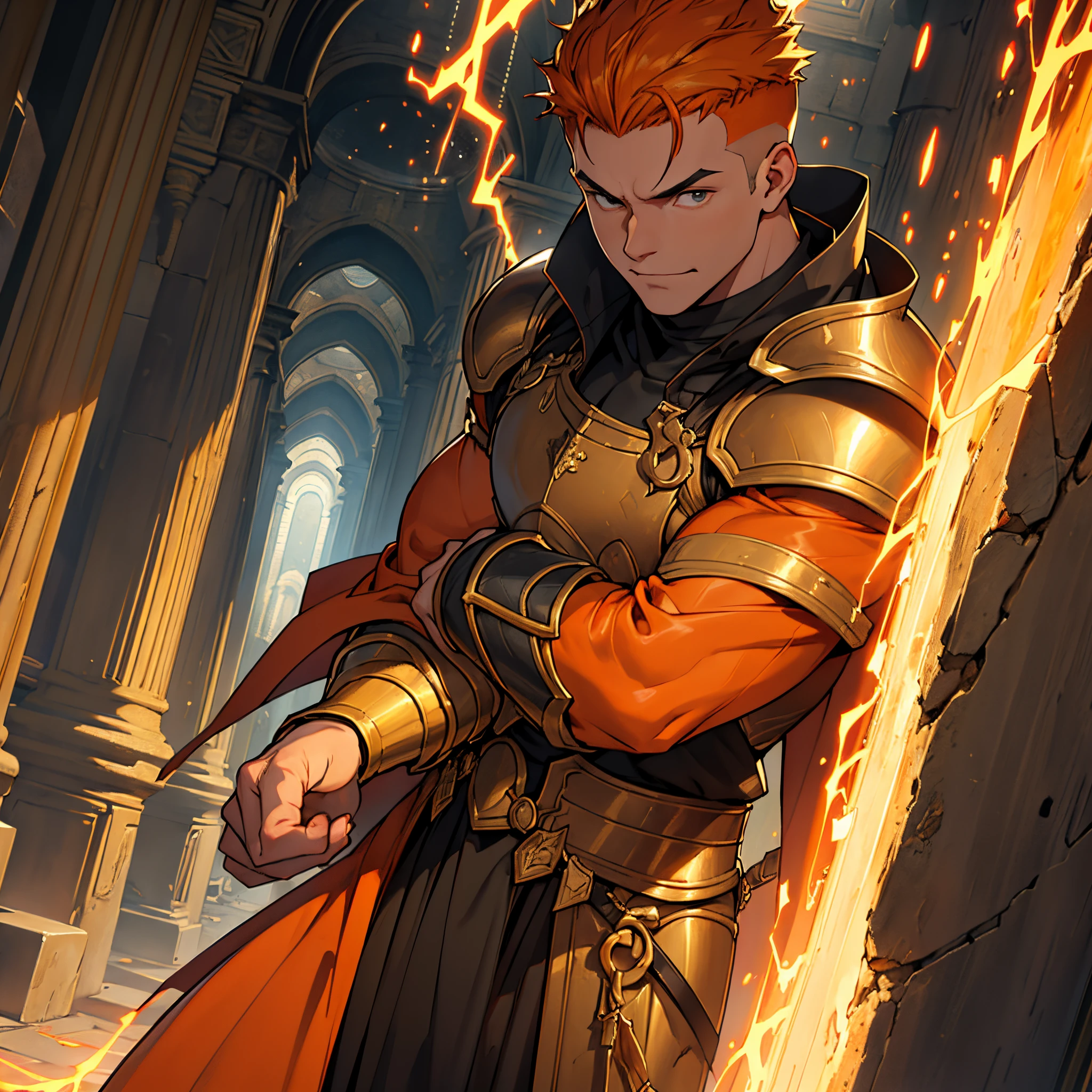masterpiece, Best Quality, 4k, Background with:Inside the Pantheon with lava flowing, skin fade men's hair (orange color), big young man......., humorous expression, knight of seville,yellow grade armor, long black coat, Sparks fly