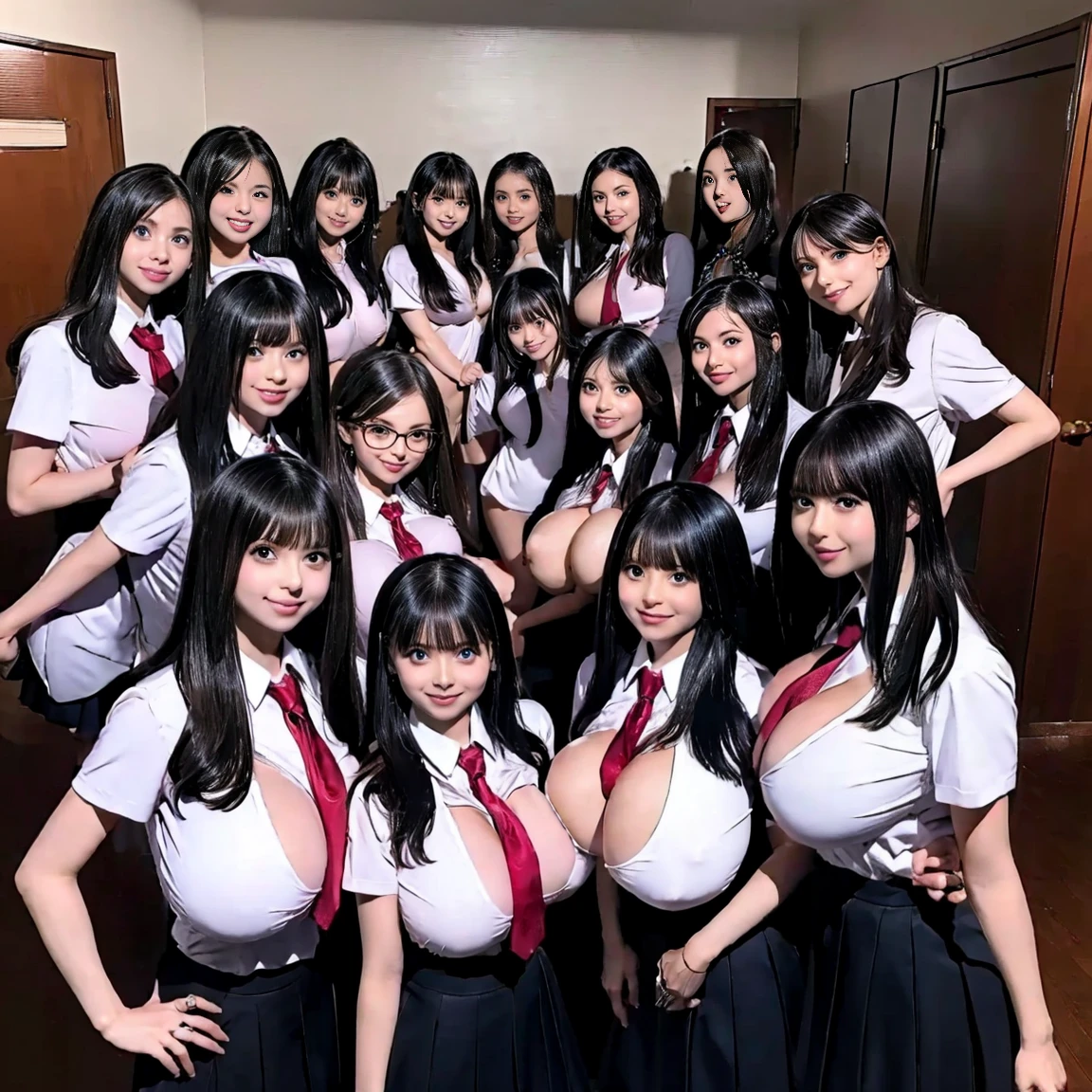 a picture、(((multiple girls))),((((6+girls))))、((10 girls))、The same face、matching school uniform、、Long black hair、10 cute girls、((((Gigantic Breasts))))、a smile、selfee、schools、Raw photo、same person、Doppelganger、(group portraits)、a junior high student