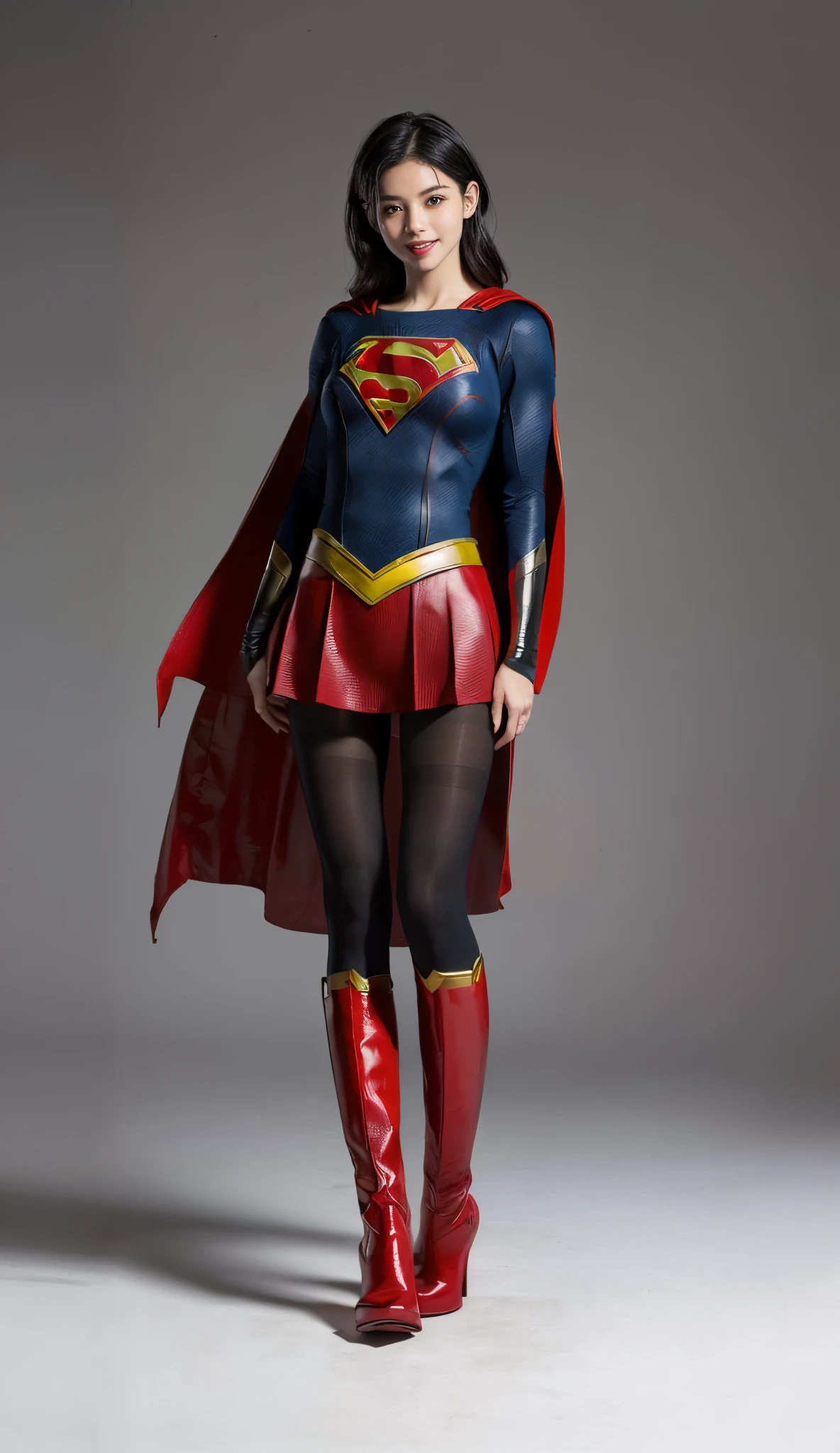 Suffering、mouth is always open sloppily、Drool is always dripping from my mouth、Asian Beautiful Girl、(((Wear black tights on your beautiful legs.)))、(((beauty legs)))、(((facial expression of smile)))、((((Make the most of the original image)))、(((Supergirl Costume)))、(((a short bob、beautiful hairl)))、(((Suffering)))、(((Feet must necessarily be worn with black tights)))、(((You need to wear red boots)))、((Top image quality、8K))、((top-quality、8K、masterpiece:1.3))、(((Keep your background simple)))、Crisp focus:1.2、Beautiful woman with perfect body shape:1.4、Slender Abs:1.2、a wet body:1.5、Highly detailed facial and skin texture、8K、beauty legs