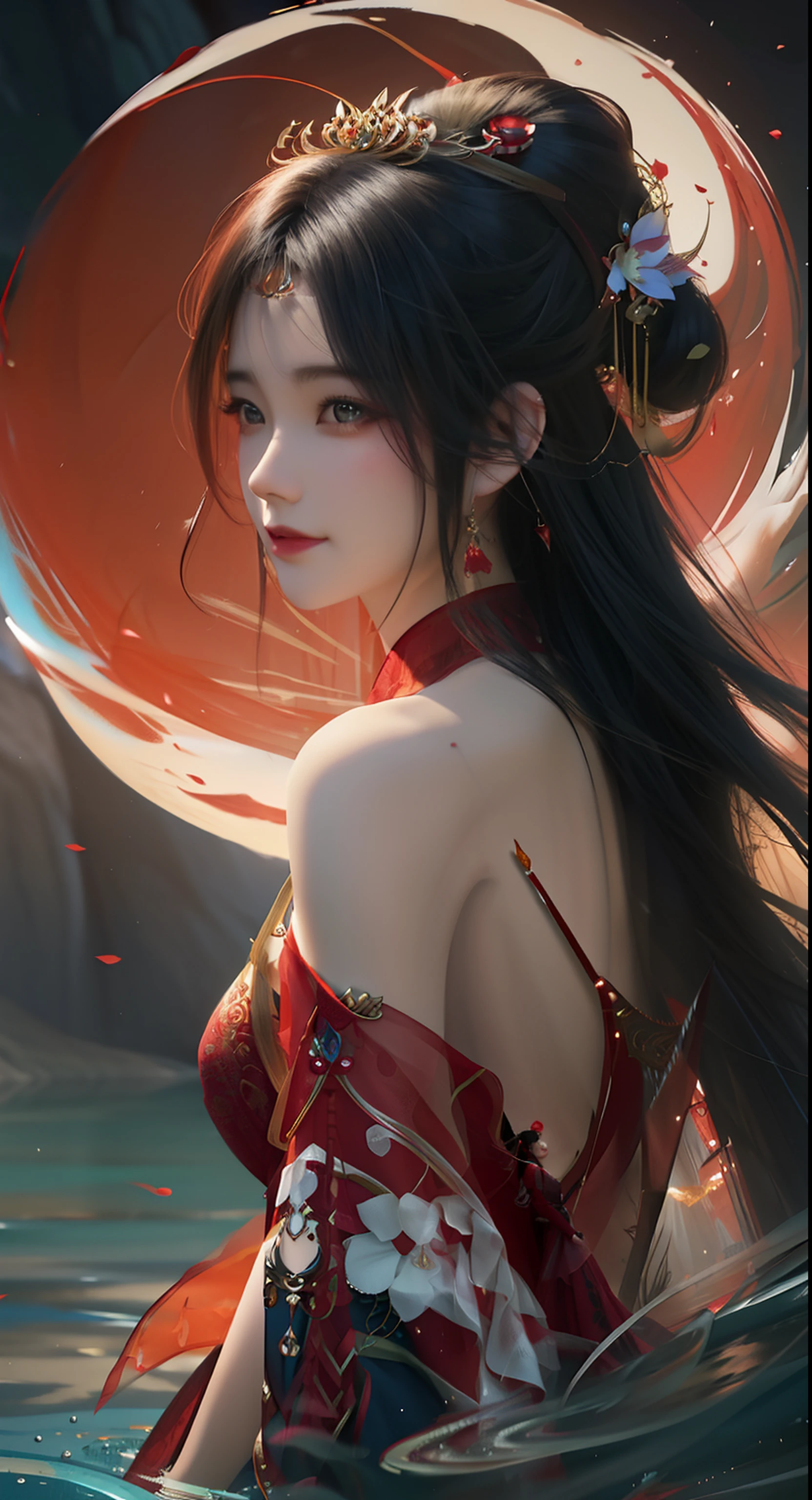 A woman in a red dress standing in the water, Beautiful character painting, by Yang J, Guviz-style artwork, Beautiful digital artwork, trending on cgstation, Fantasy art style, Beautiful digital illustration, Guviz, Rossdraws digital painting, author：Fan Qi, By Li Song, Ross Tran 8 K, stunning art style