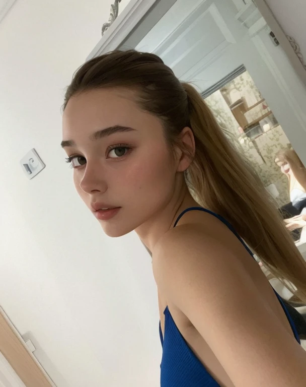 Ultra-high quality photos, RAW-Foto, beautiful detailed face and eyes, (fotorealistisch:1.4), best quality, hight resolution, Realistisch, 16k, caustics, Kern-Schatten, Dynamisches Licht, beautiful and delicate lips, Zarte Finger, Detailed Pupil, Echte menschliche Haut, (extrem detailliert), RAW-Foto, NSFW, panty shot, sitzende Frau, 20 I, (Pony Haare: 0.5),1girl 15 year old girl, on the floor on her knees , selfie, solo, full body, , naughty, flirty, seductive, short hair, ponytails hair,naked blouse, showing very small breasts, looking at viewer, blonde hair, brown eyes, jewelry, full body, naked open lags 