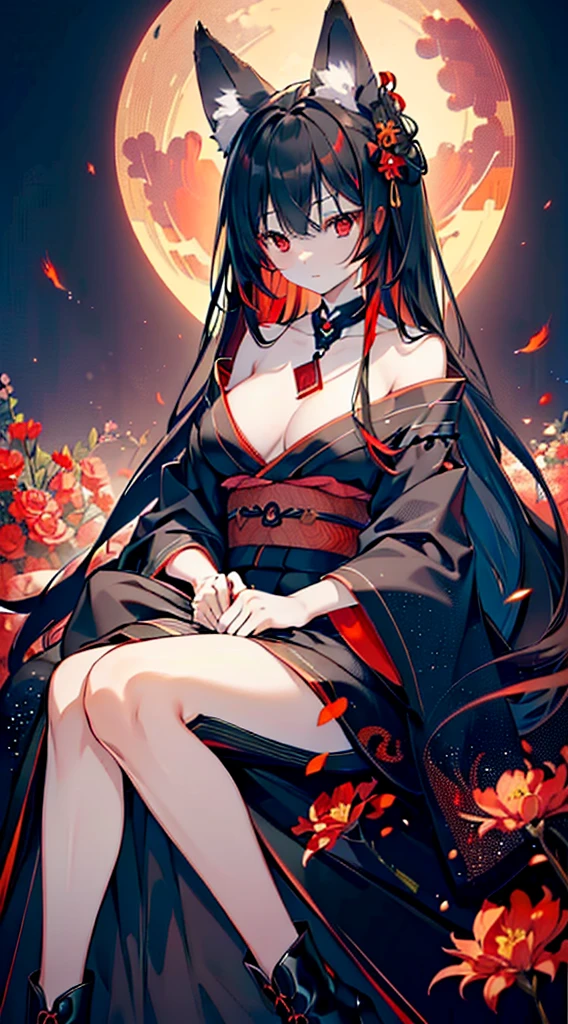 (extremely detailed CG unity 8k wallpaper), (((ultra-detailed))), ((extremely detailed)), (((intricate details))), (((best illustration))), best illumination, ((extremely delicate and beautiful)), ((an extremely delicate and beautiful girl)), colorful, manjusaka, red flower field, (((colorful flowers))), ((solo:1.9)), ((fox girl)), (Black and red Kitsune with long black hair with fox ears and fox tail), (black fox ears:1.4), (red fox ears:1.6), (black single fox tail:1.7) (red fox tip tail:1.3), ((finely detailed beautiful eyes and detailed face)), sad expression, melancholic smile, long hair, (((black hair))), (red eyes:1.9), beautiful detailed eyes, mature female, gentle, slender, medium breast, (Black and red sexy elegant kimono dress:1.3), (medium height black boots:1), ((black choker with red pendent:1)), manjusaka birthmark on neck, sitting, bishoujo, 19 years old,