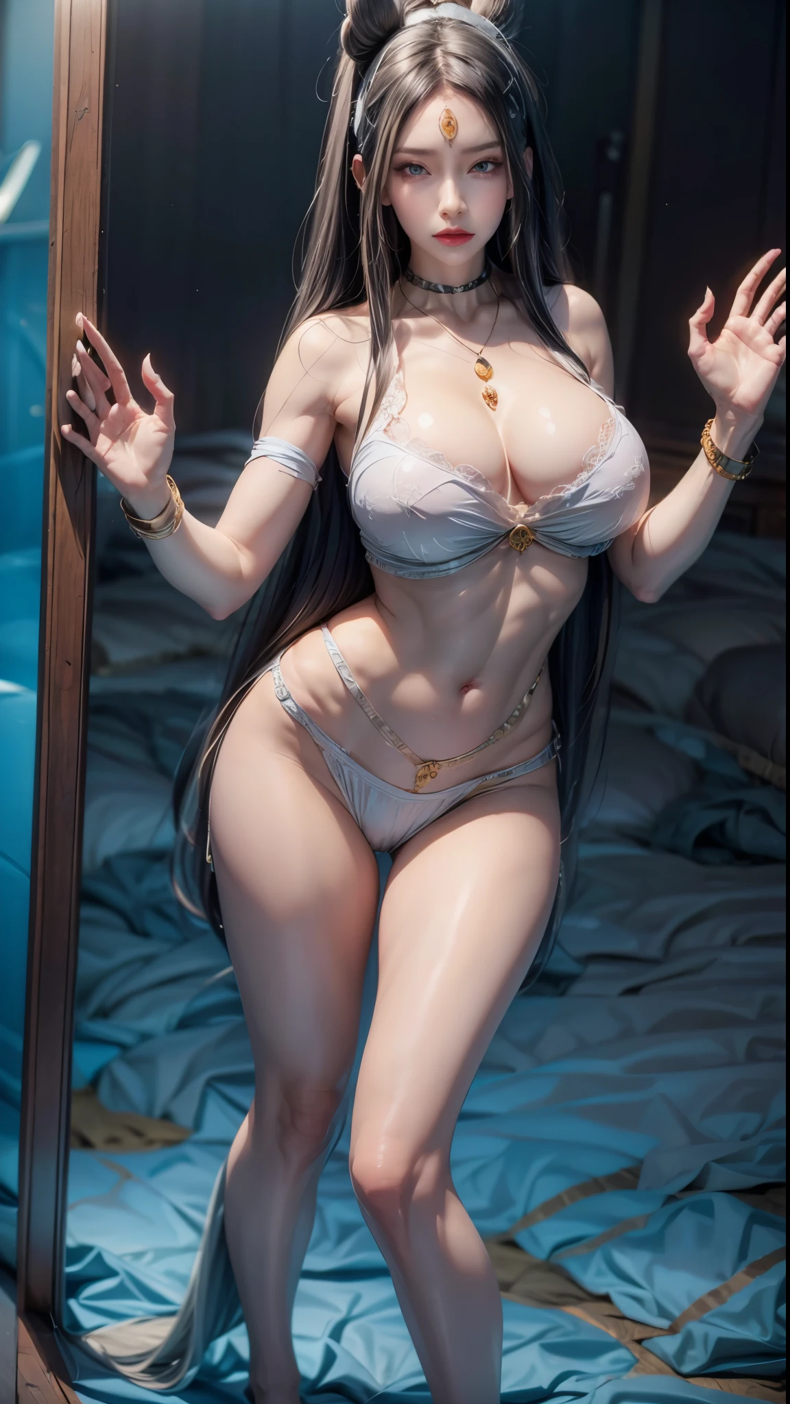 realistic, 1 women, best quality, 12k, HD, long hair, big round breasts, cleavage, ponytail, necklace, jewelry, shorts, short jacket, slim hips, hair tie, yellow eyes, black hair, super detailed, Eye details, hair details, person details, mouth details, face details, breast details, clothes details, hair details, pants details, hand details, whole body