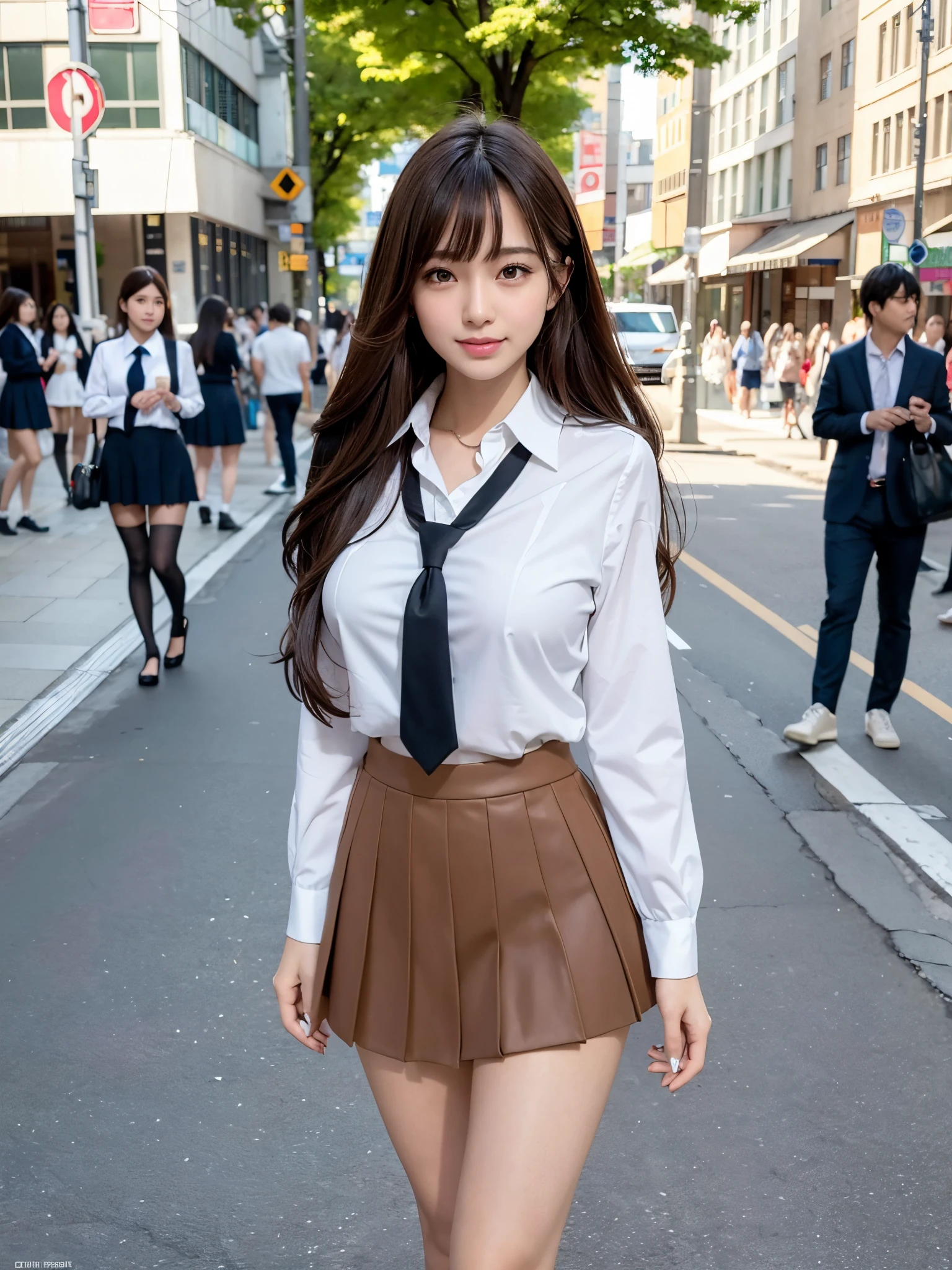 8k,best quality, masterpiece, ultra detailed, ultra high res, photorealistic, raw photo, absurdres, absolutely resolution, 1girl, full body, looking at viewer,a Japanese young pretty woman, hyper cute face, glamorous figure, large breasts,long bob hair,smile,(school uniform:1.3),beautiful eyes,(windy:1.3), Walking down a crowded street with a smile on your face,glossy lips, double eyelids in both eyes, natural makeup, long eyelashes, shiny smooth light brown long bob hair, asymmetrical bangs, shiny skin, central image, high resolution, high detailing, detailed hairstyle, detailed face, spectacular movie lighting, octane rendering, vibrant, hyper realistic, perfect limbs, perfect anatomy
