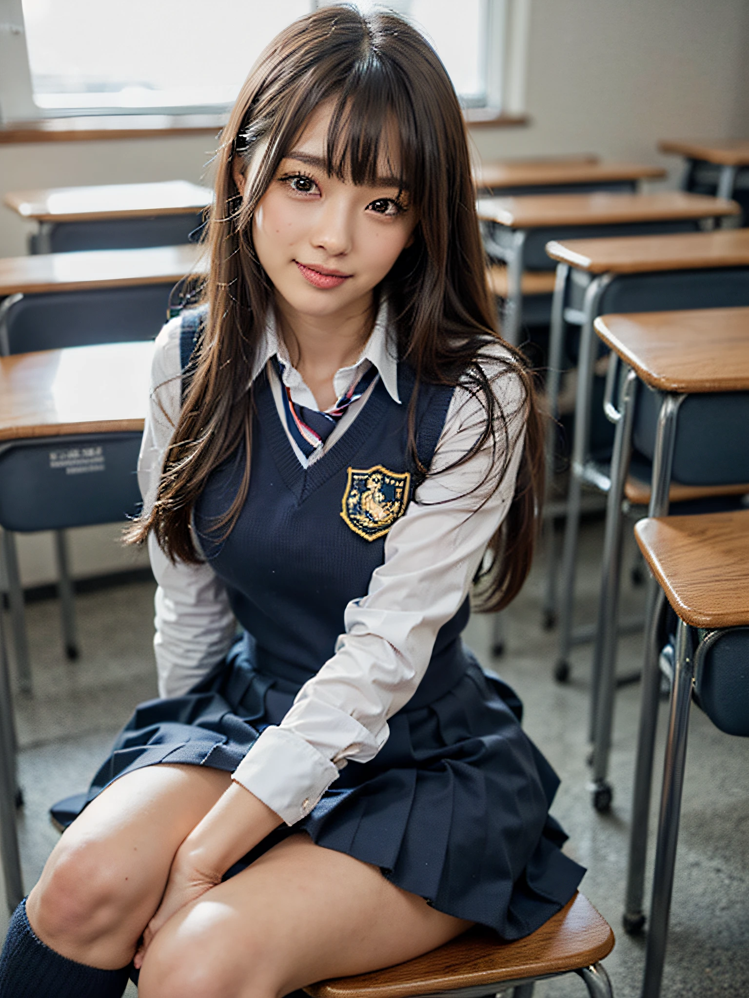 8K,Best Quality, masutepiece, ultra-detailliert, 超A high resolution, Photorealistic, Raw photo, absurderes, absolutely resolution, 1girl in, Full body, Looking at Viewer,a Japanese young pretty woman, hyper cute face, Glamorous figure, Large breasts,Long bob hair,Smile,(School uniform:1.3),Dark blue high socks,Beautiful eyes, ,Windy, (I&#39;m sitting on a chair in the classroom:1.3),Glossy lips, Double eyelids in both eyes, Natural makeup, long eyelashes, Shiny and smooth light brown ponytail, bangss, Shiny skin, central image, High resolution, high detailing, detailed hairstyle, Detailed face, spectacular movie lighting, Octane Rendering, Vibrant, Hyper realistic, Perfect limbs, Perfect Anatomy