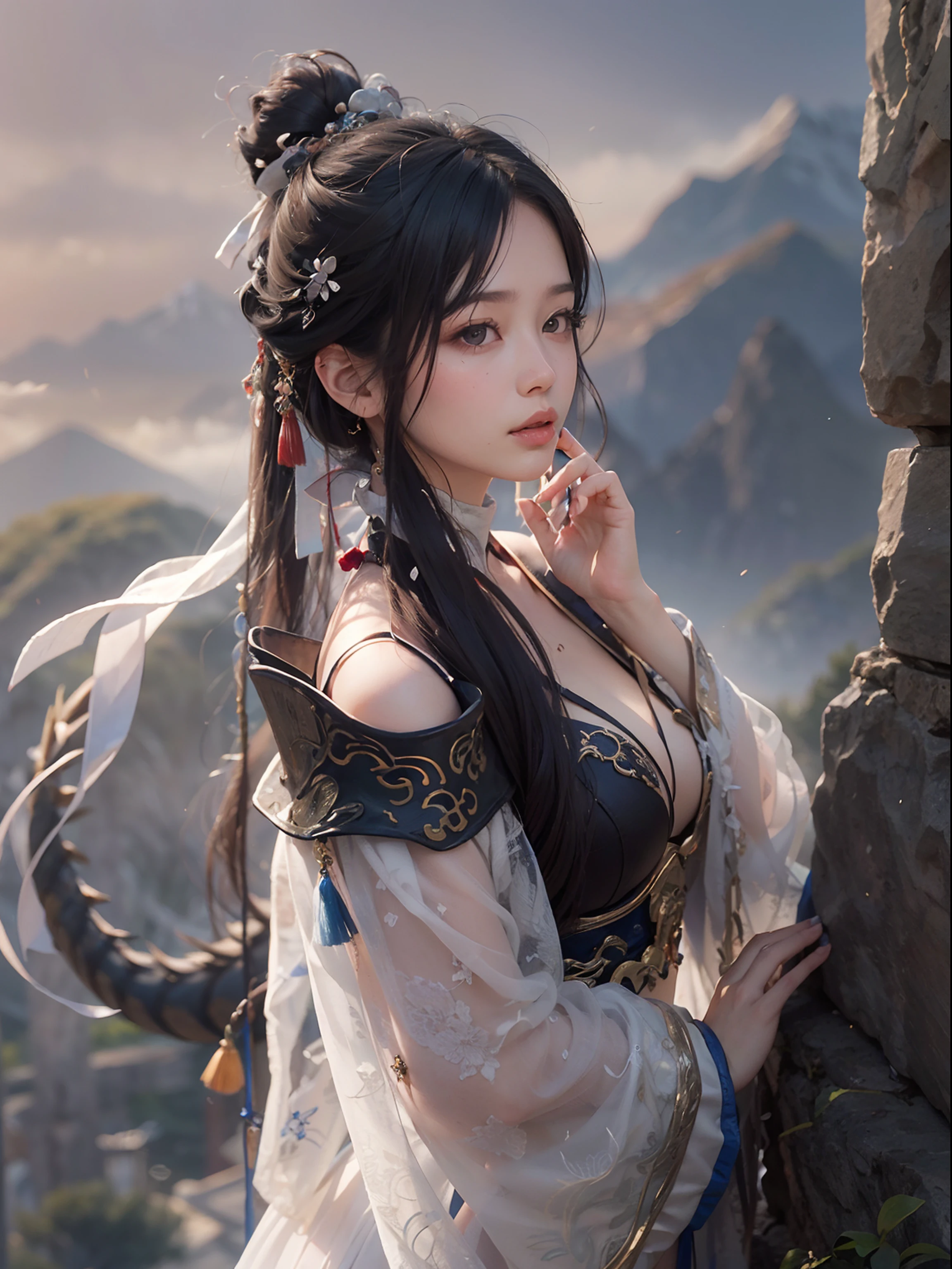 nsfw, 1girl, nude, (masterpiece: 1.4), (8K, realistic, raw photo, best quality: 1.4), skirtlift, standing on mountain top, nipple areola shape clear, beautiful breasts, Chinese girl, beautiful cute face, (real face: 1.4), perfect pussy, beautiful hairstyle, realistic brown eyes, beautiful detail eyes, (real skin: 1.3), beautiful skin, attractive, ultra high resolution, ultra realistic, cinematic lighting, black colored hair, long hair, twin ponytails, white ribbons, ancient China, Chinese mythology, dragon