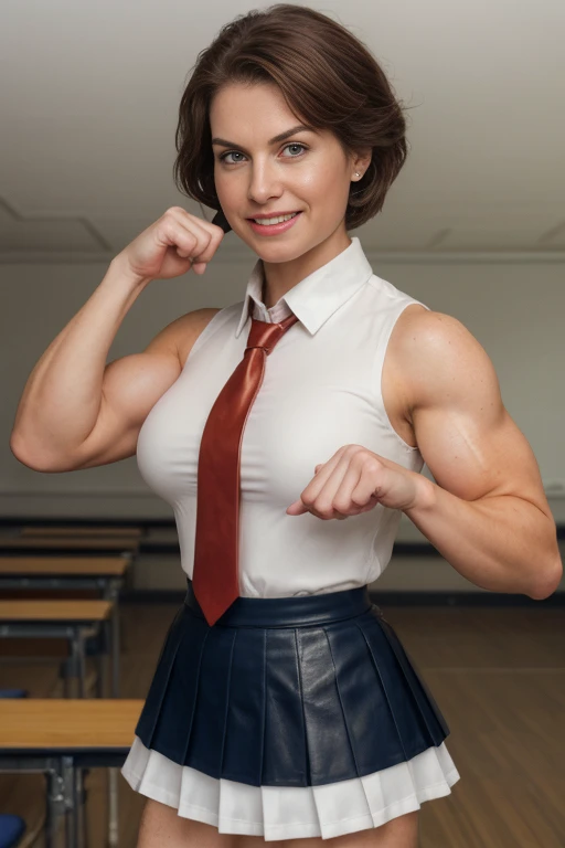Resident evil, Viewed from above, dtamatic lighting, Ms Olympia giant Peggy Bundy,   photoshoot studio quality lighting, heavily muscled iffb pro female bodybuilder , humongous muscular chest,((school uniforms:1.4)) ( ((high school)),((white shirt)), ((red tie)), ((dark blue leather skirt:1.3)) ((in the class room:1.3)) ((thin_fabric:1.4)) ((random pose:1.3)) ((sweaty:1.5))((face is flushed:1.4)) ((big muscles:1.4)) ((close-up:1.2)) best quality,masterpiece,ultra high res,(photorealistic:1.4),raw photo,(Authentic skin texture:1.3),(film grain:1.3),panorama,character portrait,very wide shot,narrow waist,cowboy shot,(in the dark, deep shadow, low key, cold light,) night,streaming tears,,dust,Tyndall effect,(expression),beautiful detailed eyes and face,white jabot,brown eyes,((brown hair:1.2)) ((full body:1.3)) ((smile:1.3))