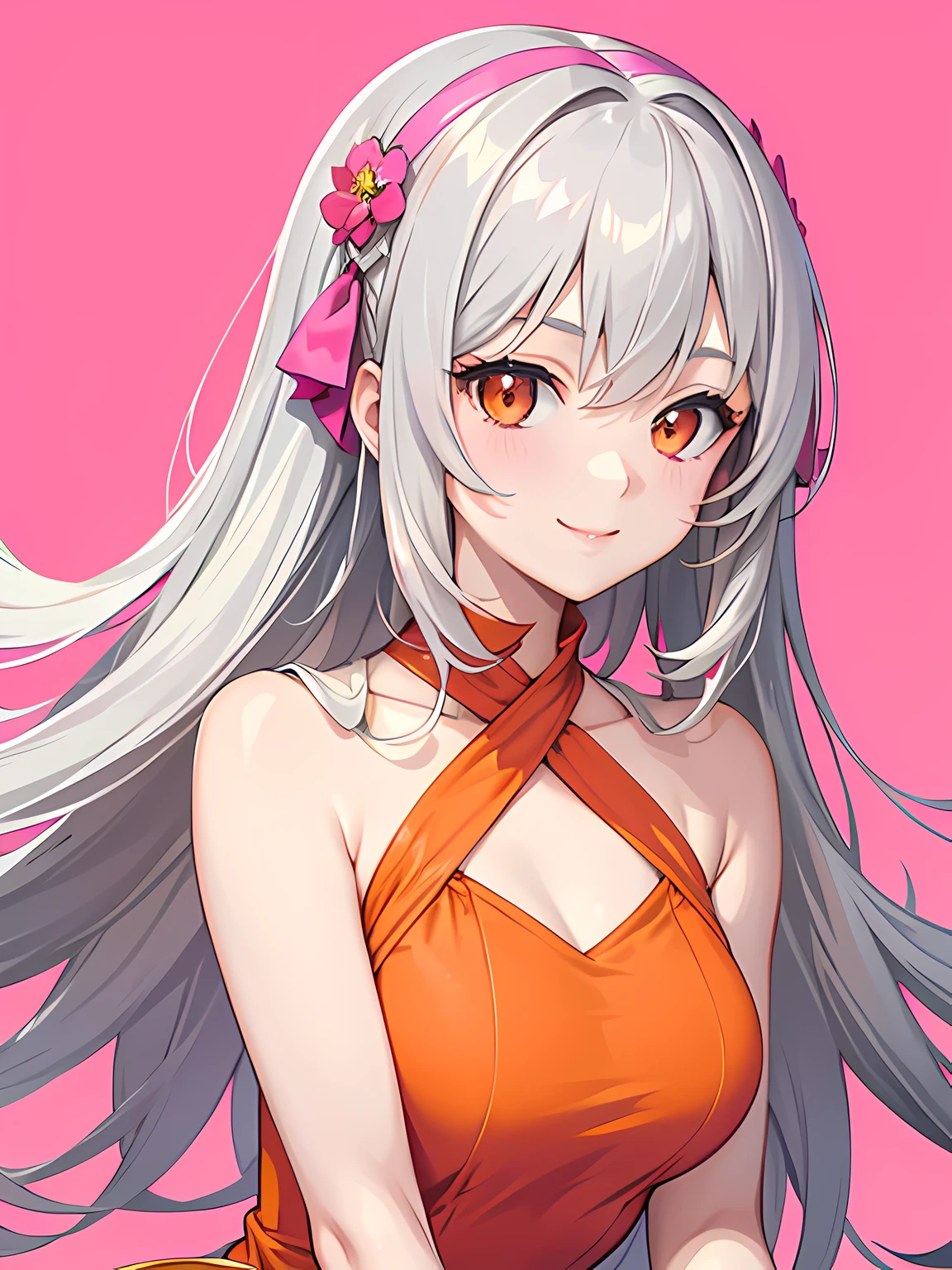 masterpiece, best quality, 1 girl, gray hair, (orange eyes), smile, (hot pink dress), (hot pink background), upper body