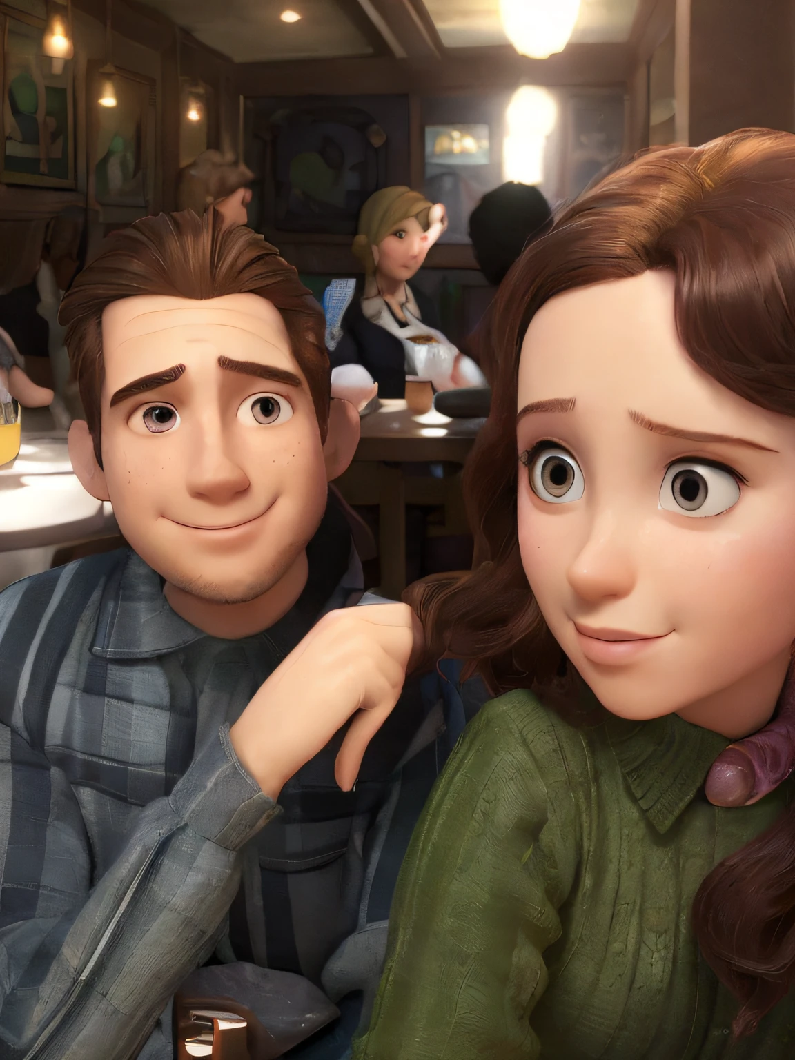 there is a man and woman sitting together in a restaurant, petra collins and mc. escher, charli bowater and artgeem, taken in the early 2020s, rob rey and kentarõ miura, profile picture, boris vallejo and ilya kuvshinov, by Dan Frazier, profile image