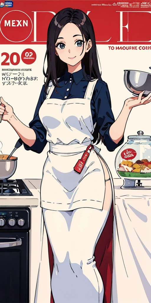 (Best Quality, Masterpiece), Women's Cooking Magazine Cover, 1girl, 20 years old, stunning, cute, warm smile, hourglass figure, floral dress, apron, food, text, chart, advertising, magazine title