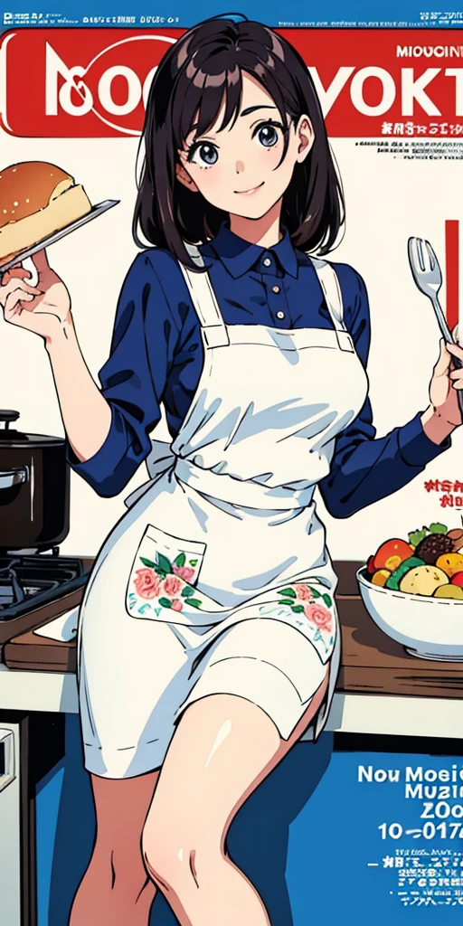 (Best Quality, Masterpiece), Women's Cooking Magazine Cover, 1girl, 20 years old, stunning, cute, warm smile, hourglass figure, floral dress, apron, food, text, chart, advertising, magazine title