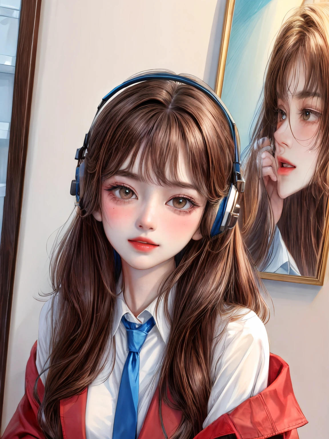 (masterpiece, best quality:1.2),illustration,8k,hd,1girl,solo,upper body,(portrait:1.2), brown_eyes,blush,bangs,headphones,brown_hair,breasts,very_long_hair,black_hair,collared_shirt,white_shirt,long_sleeves,red_necktie,blue_jacket,sleeves_past_wrists,off_shoulder,sleeves_past_fingers,