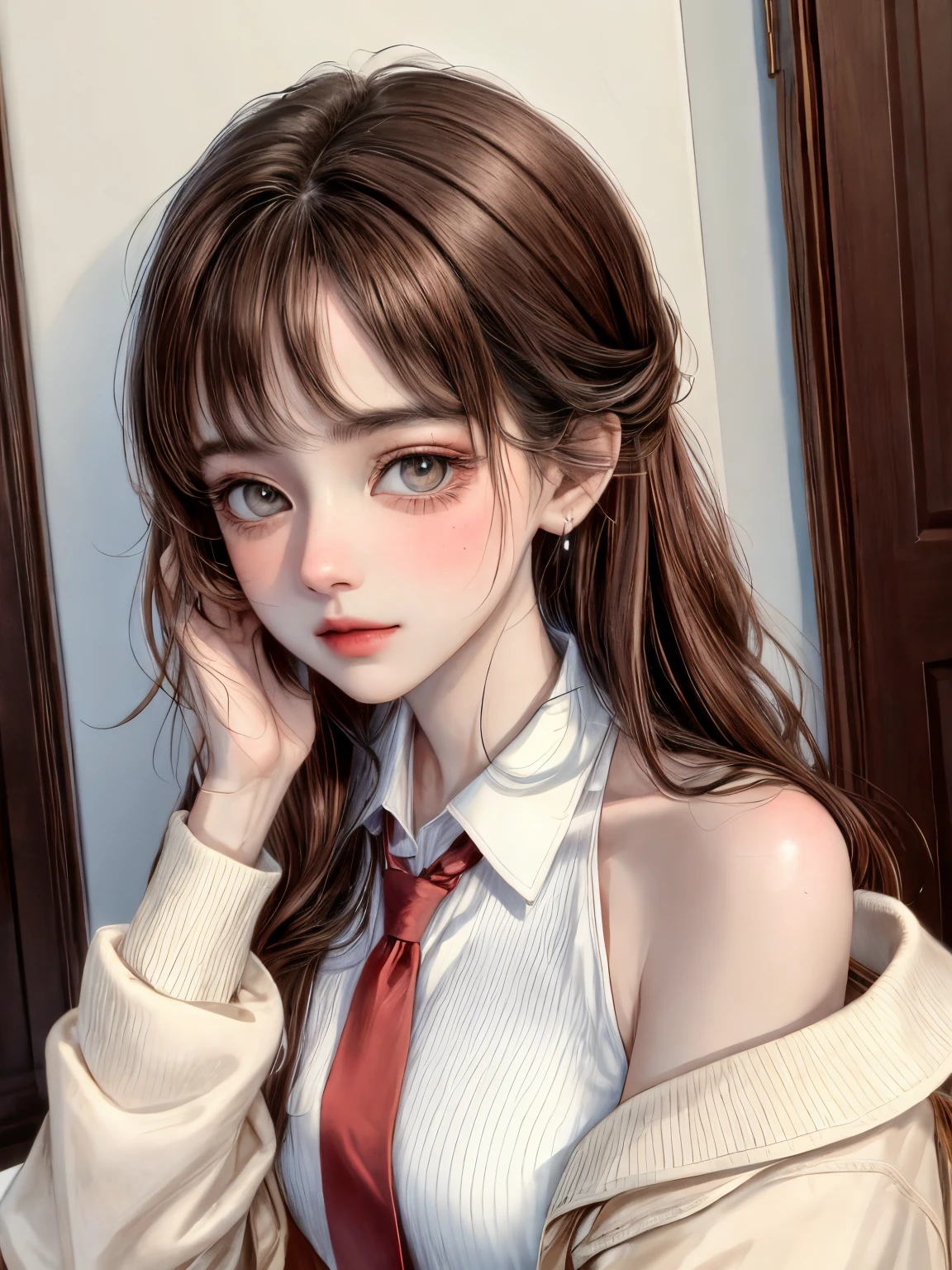 (masterpiece, best quality:1.2),illustration,8k,hd,1girl,solo,upper body,(portrait:1.2), brown_eyes,blush,bangs,headphones,brown_hair,breasts,very_long_hair,black_hair,collared_shirt,white_shirt,long_sleeves,red_necktie,blue_jacket,sleeves_past_wrists,off_shoulder,sleeves_past_fingers,