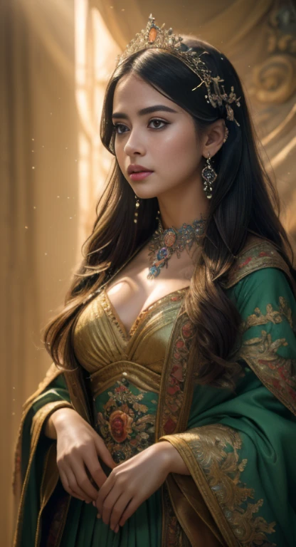 (RAW photo, best quality), (realistic, photo-realistic:1.3),best quality,highly detailed,masterpiece,ultra-detailed,illustration,1girl,upper_body,dynamic angle,world masterpiece theater,messy_long_hair,best quality,extremely detailed CG unity 8k wallpaper,ink,Amazing,cinematic lighting,lens_flare, dunhuang_style