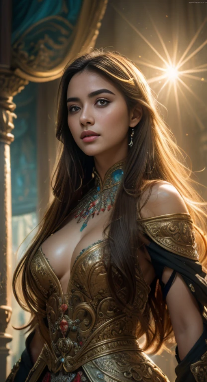 (RAW photo, best quality), (realistic, photo-realistic:1.3),best quality,highly detailed,masterpiece,ultra-detailed,illustration,1girl,upper_body,dynamic angle,world masterpiece theater,messy_long_hair,best quality,extremely detailed CG unity 8k wallpaper,ink,Amazing,cinematic lighting,lens_flare, dunhuang_style