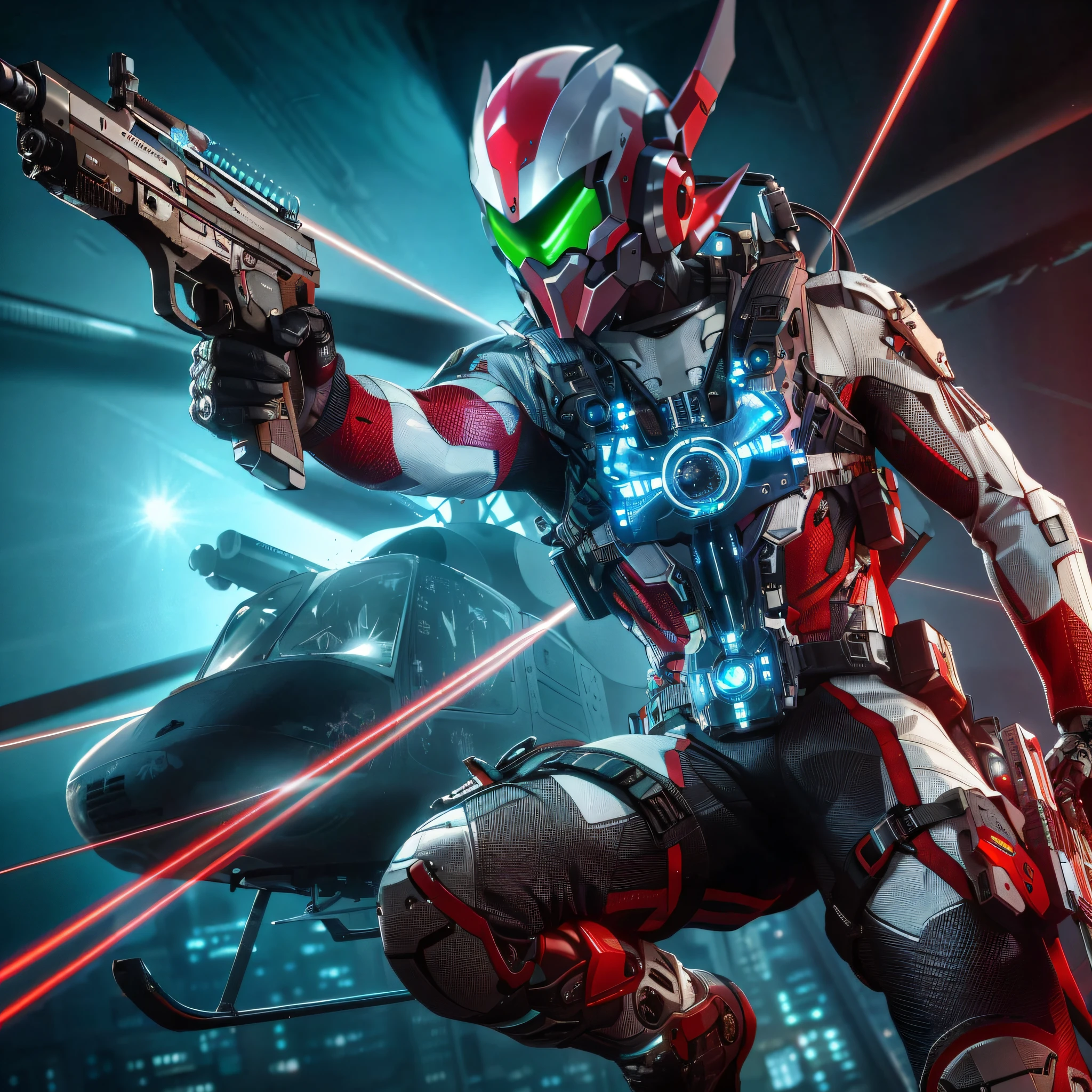 a closeup of a person holding a gun near a helicopter, Juego de disparos FPS, cyber suit, cybernetic armor, cybernetic armor, cyber fight armor, Trazado de rayos 4K, Traza de rayos 4K, full cybernetic combat suit, juego CG, Soldado futurista, Cibertrajes, clothed in sci-fi military armor, Juego FPS, Vaquero del ciberespacio