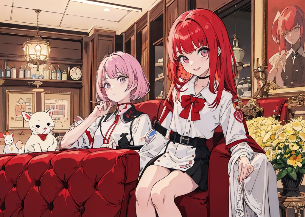 (master part, best quality), 1girl, cara bonita, red hair, pastel eyes, franja contundente, Uniforme Escolar, Gargantilha, sorridente, fechar para cima, em sala de aula, fofo