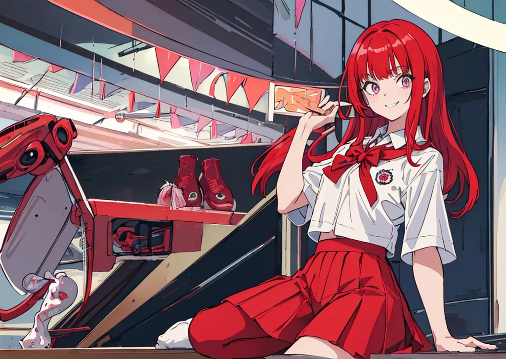 (master part, best quality), 1girl, cara bonita, red hair, pastel eyes, franja contundente, Uniforme Escolar, Gargantilha, sorridente, fechar para cima, em sala de aula, fofo