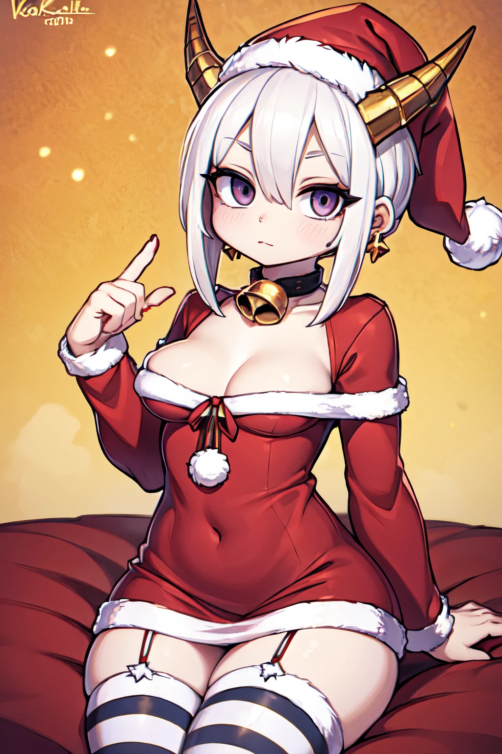 (masterpiece), 8k, (expressive eyes), dragonewt,
BREAK,
(gold dragon horns), ((pixie_white_hair)),
BREAK,
small breast, perfect face, eyeliner, big earrings,
BREAK,
(mini dress with jingle bell details), striped thigh-highs, Santa hat, perfect for spreading holiday cheer as Santa's helper