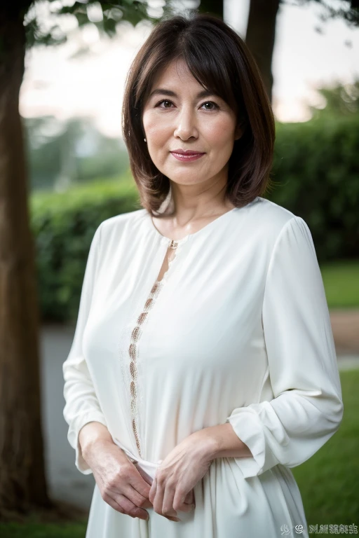 masuter piece, top-quality, masterpiece, hight resolution, Photorealsitic, Raw photography, 8k wallpaper, flawless, profetional lighting, ighly detailed, depth of fields,a pale, dark outdoor background, ((One beautiful woman)), ((70yo)), chubby figure,Female sexy, Wrinkles on the face, Detailed face, beautidful eyes, bangss, large full breasts, straight haired, ((Stand facing forward and look at the viewer with a serious face)),White bra, White panty, Perspective from the ground, Feet out of frame