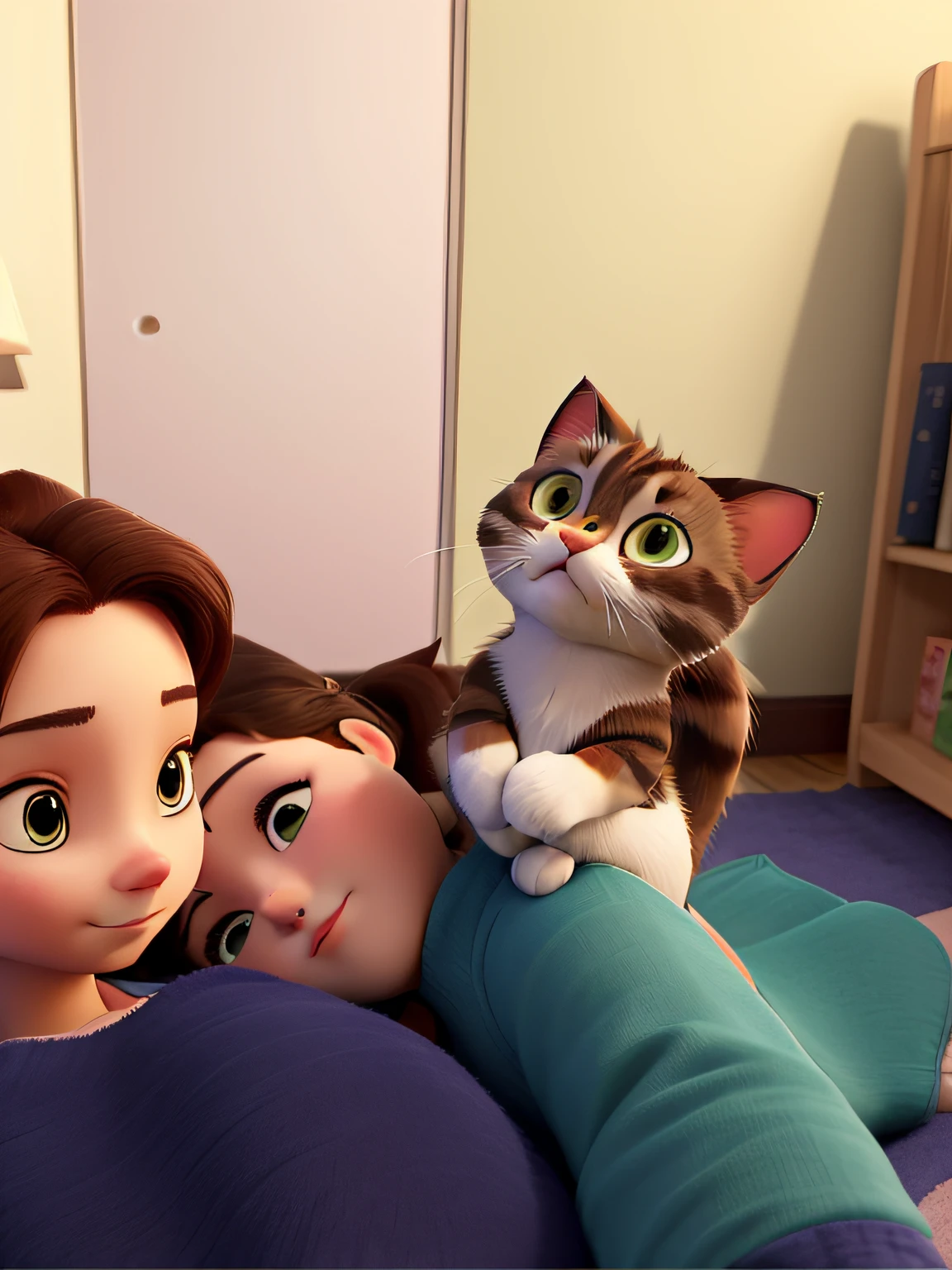 there are two people laying on a bed with a cat, with cats on her side, profile image, very very low quality picture, there is a cat next to her, cats on her side, with small cat on lap, cuddling, help me, dominant pose, reddit post, profile picture, accidental selfie, family portrait, high quality upload, selfie photo, couples portrait
