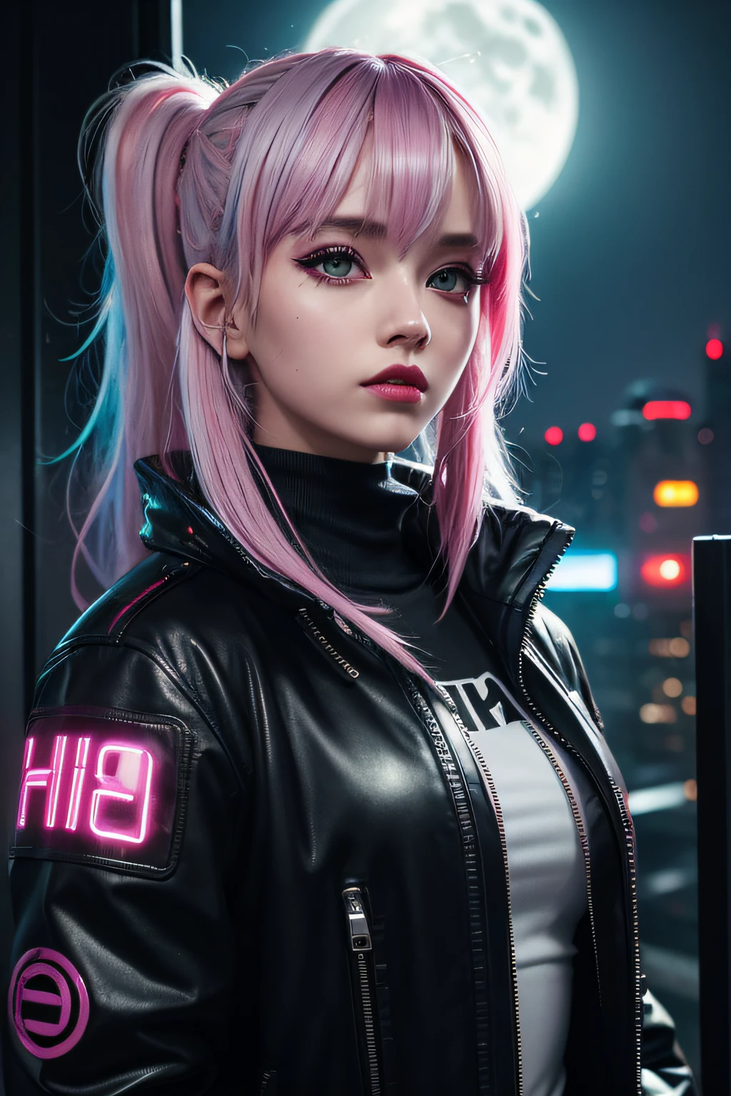 lucy \(cyberpunk\), 1girl, hair scrunchie, hime cut, silver hair, colored tips, full moon, grey eyes, jacket, long sleeves, looking at viewer, medium hair, multicolored hair, parted bangs, parted lips, pink hair, portrait, red eyeliner, red lips, solo, white jacket, cyberpunk \(series\), rainy night in a cyberpunk city with glowing neon lights