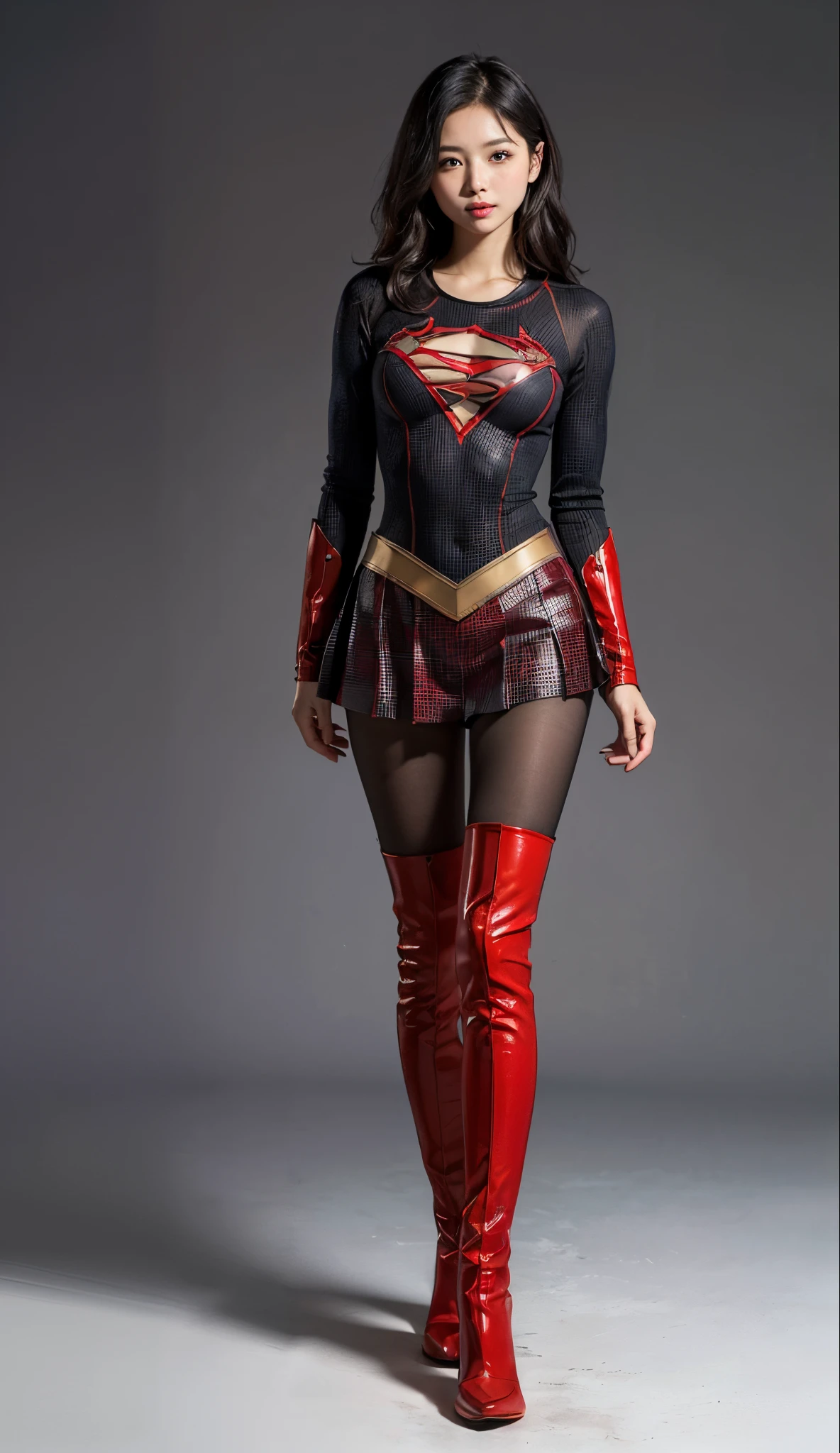 Suffering、mouth is always open sloppily、Drool is always dripping from my mouth、Asian Beautiful Girl、(((Wear black tights on your beautiful legs.)))、(((beauty legs)))、(((facial expression of smile)))、((((Make the most of the original image)))、(((Supergirl Costume)))、(((a short bob、beautiful hairl)))、(((Suffering)))、(((Feet must necessarily be worn with black tights)))、(((You need to wear red boots)))、((Top image quality、8K))、((top-quality、8K、masterpiece:1.3))、(((Keep your background simple)))、Crisp focus:1.2、Beautiful woman with perfect body shape:1.4、Slender Abs:1.2、a wet body:1.5、Highly detailed facial and skin texture、8K、beauty legs