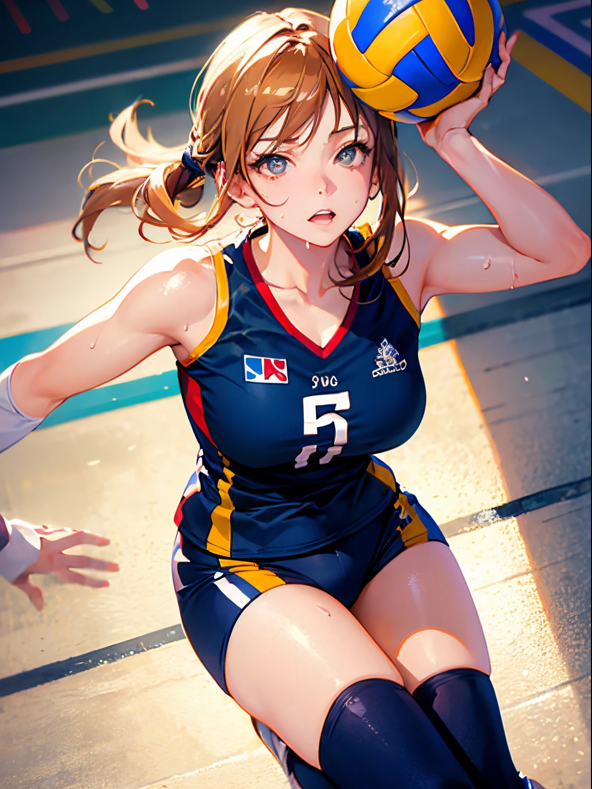 Best Quality, masutepiece,  High resolution, (Anime Heroine Illustration), Anime Paint, 1beautiful girl ,Dynamic Angle,Female volleyball players,small head,Large breasts,nice legs, Glowing skin, Sweat,At the volleyball venue ,from above