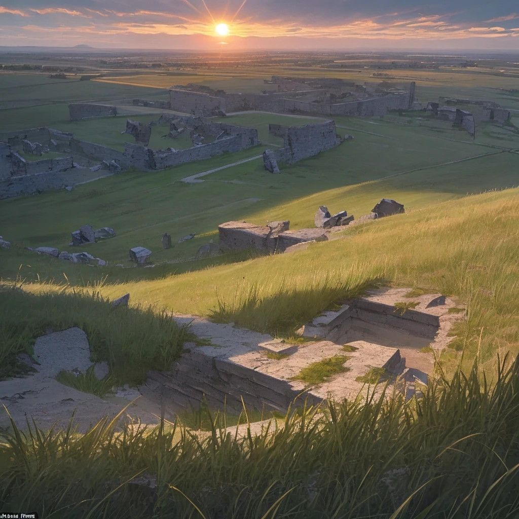 A landscape view of a stonework medieval crumbled into unrecognizable ruins with flat, grass prairie stretching for with nothing else for miles around. The setting sun casts an ominous light over the abandoned city