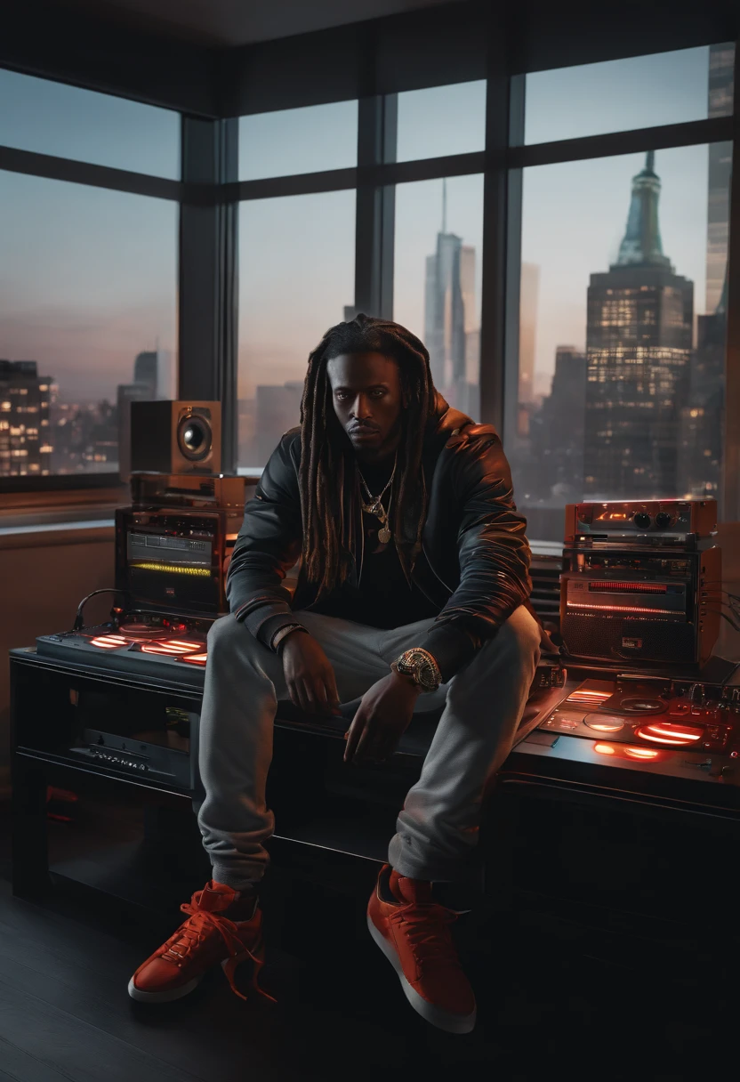 realistic digital painting of an African-American DJ with dark skin, long dreads, dressed in a luxurious, branded hoodie, possibly Gucci, and coordinating Jordan One sneakers. He is in his modern bedroom within a New York apartment, surrounded by DJ equipment, a CD controller, and vinyl records. The bedroom is stylish with a large window that shows the cityscape, blending natural and ambient lighting that highlights his attire and the sleek design of the sneakers. The image captures the essence of urban living and the DJ's personal style. intricate details, amazing masterpiece, captivating, and breathtaking