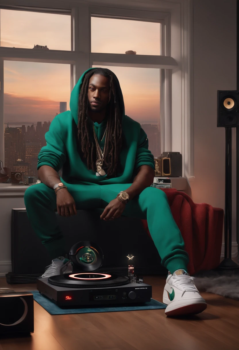 realistic digital painting of an African-American DJ with dark skin, long dreads, dressed in a luxurious, branded hoodie, possibly Gucci, and coordinating Jordan One sneakers. He is in his modern bedroom within a New York apartment, surrounded by DJ equipment, a CD controller, and vinyl records. The bedroom is stylish with a large window that shows the cityscape, blending natural and ambient lighting that highlights his attire and the sleek design of the sneakers. The image captures the essence of urban living and the DJ's personal style. intricate details, amazing masterpiece, captivating, and breathtaking