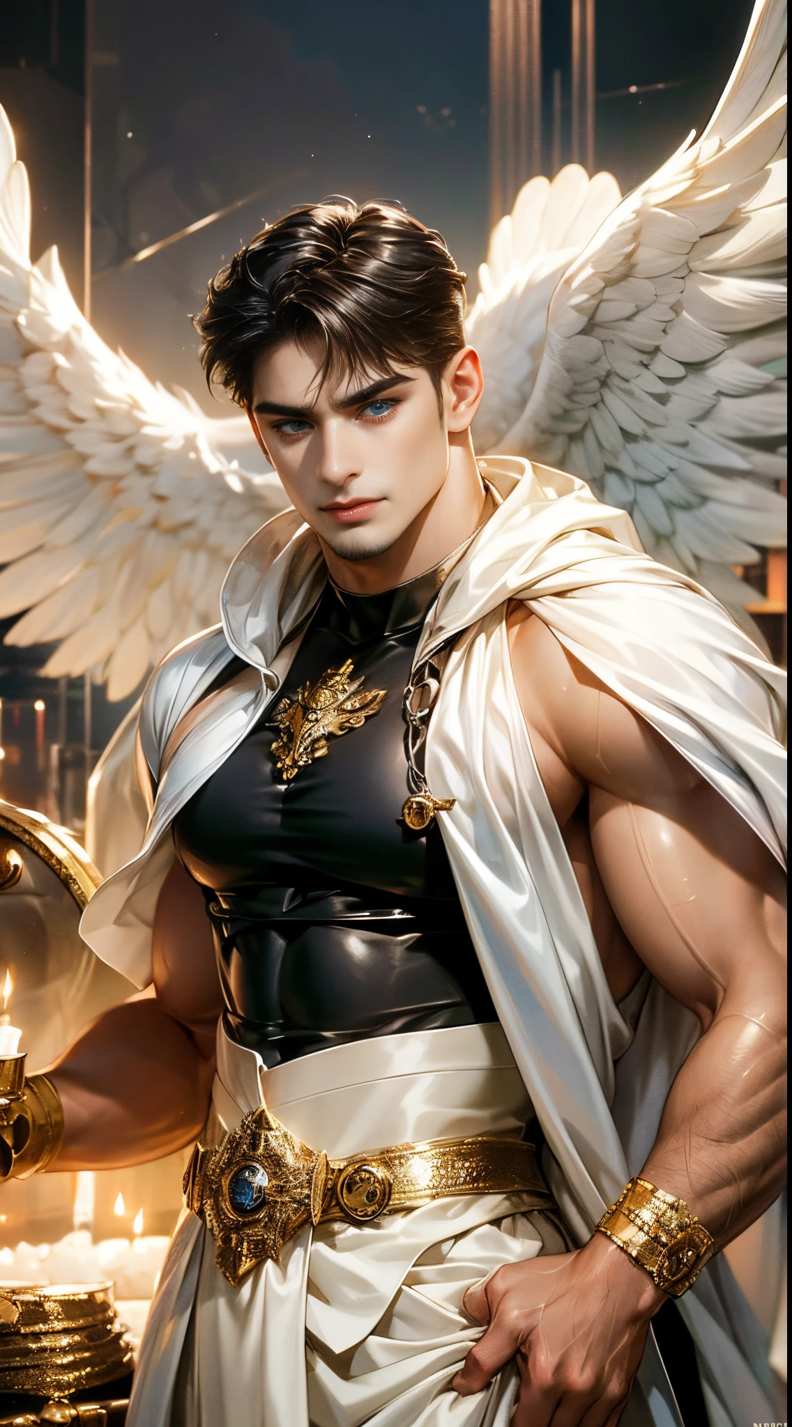 Introducing our captivating protagonist, a handsome Latin Lover with irresistible features and a masculine expression. His tanned bronzed skin perfectly complements his intense blue eyes, which seem to hold a world of mystery. But what truly sets him apart are the magnificent angel wings that sprout from his back, two anatomically accurate and pristine white wings. With a physique that exudes strength and fitness, our protagonist sports a medium-long black-brown hairstyle and a neatly trimmed beard. He is clad in sleek black military clothing, a tactical outfit that not only enhances his physique but also provides him with the agility and versatility needed for his heroic endeavors. Every inch of his body is a work of art, adorned with a full-body tattoo that showcases his unique story and reflects his inner strength. This tattoo, painstakingly created with anatomical precision, is a testament to his resilience and determination. Set against the backdrop of an urban city, our protagonist stands tall, embodying a sense of solitude, hope, and heroism. His posture exudes confidence as he gazes into the distance, ready to face whatever challenges lie ahead. Get ready to embark on an extraordinary journey with our extraordinary protagonist, as he navigates a world that desperately needs his courage and compassion. Brace yourself for a thrilling adventure filled with action, romance, and the triumph of the human spirit.