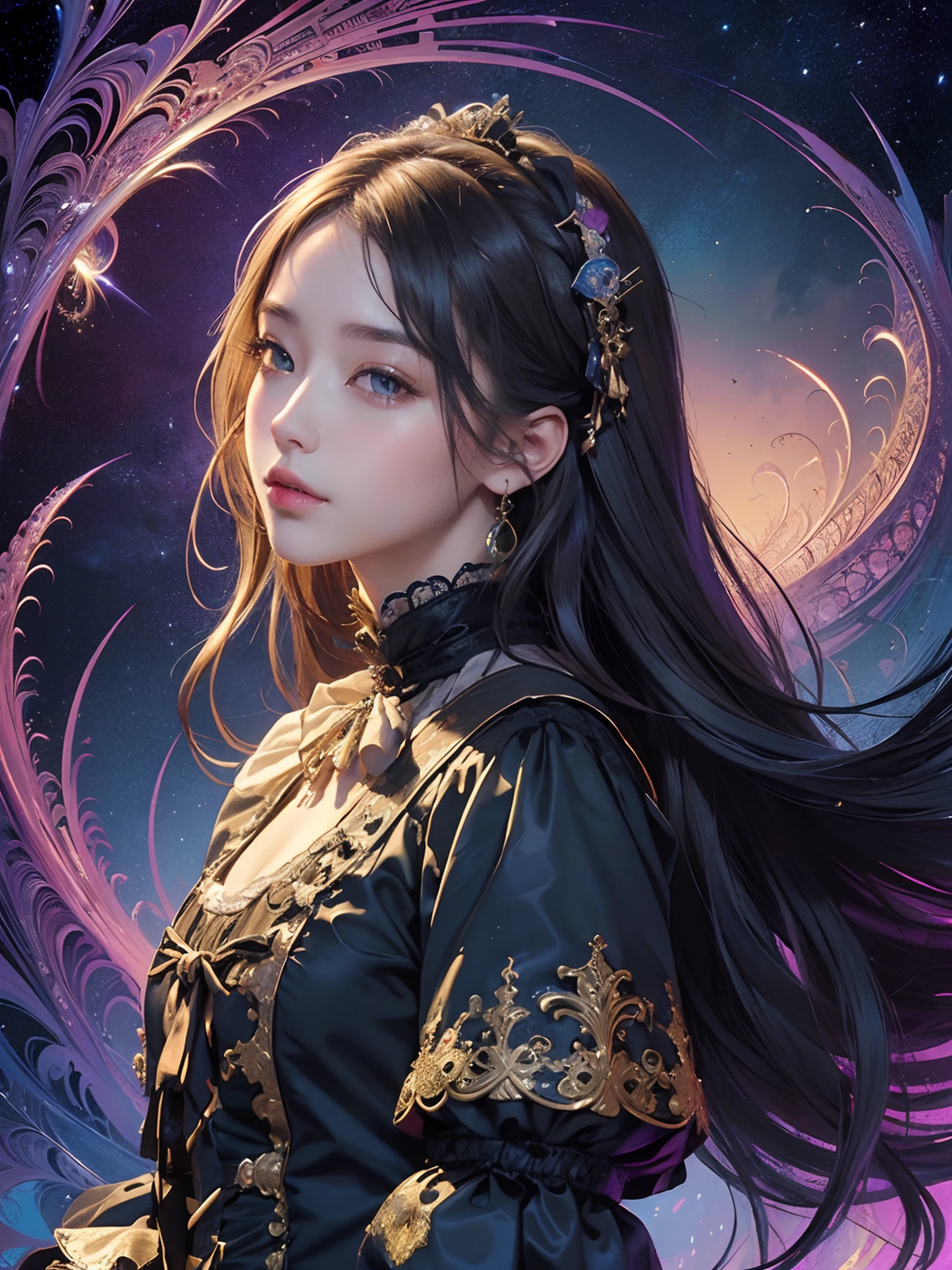 (tmasterpiece、top-quality、top-quality、Detailed and complex、offcial art、aestheticly pleasing:1.3)、(1girl in:1.3)、(Fractal art:1.3)、extremely colorful、Vivid、Victorian costumes