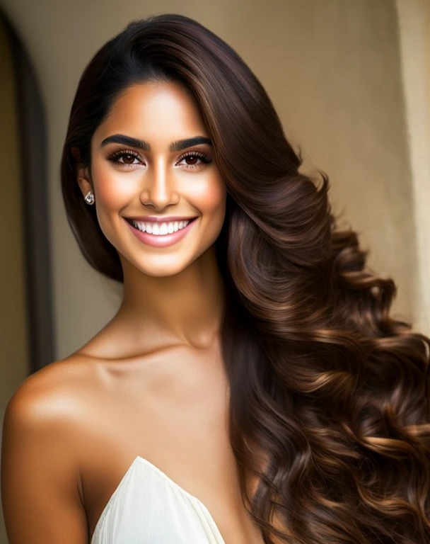 chica de piel morena, long, wavy brown hair, ojos marrones y una sonrisa radiante.