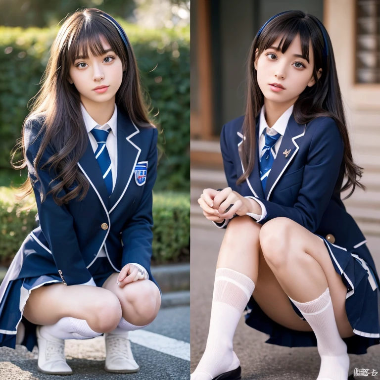 Dark blue high socks majicMIX Real、(Raw photography:1.2)、(Photorealsitic:1.4)、The beauty of beautiful details and delicate facial expressions、a blond、((Panties are visible))(Squatting panty shots)piercings Lashes beatiful detailed eyes、huge filesize、ultra-detailliert、hight resolution、Transcendent beauty top-quality、masterpiece、、(Japanese girls' high school uniform))、Very detailed expression Magnificent、finely detail、Highly detailed face movie lighting、A 23-year-old girl、front facing、((dynamicposes)))、(Sitting on legs with bent knees))、pleatedskirt、blazers、Sexy upper eyes