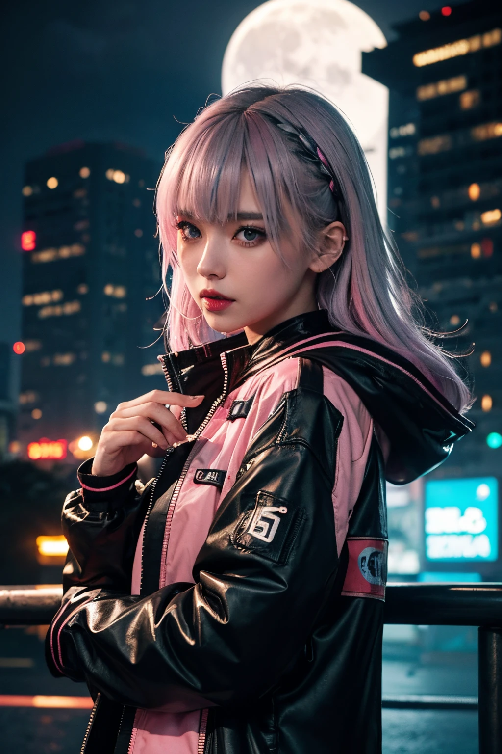 lucy \(cyberpunk\), 1girl, hair scrunchie, hime cut, silver hair, colored tips, full moon, grey eyes, jacket, long sleeves, looking at viewer, medium hair, multicolored hair, parted bangs, parted lips, pink hair, portrait, red eyeliner, red lips, solo, white jacket, cyberpunk \(series\), rainy night in a cyberpunk city with glowing neon lights