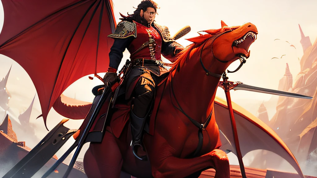 ((masterpiece), best quality, high quality, professional quality, highly detailed, highres, perfect lighting, natural lighting), (1boy, muscular, handsome, no facial hair, long hair, black hair), wearing wizard robes, riding a dragon, by a lake