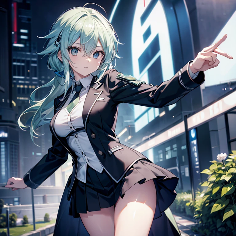 Sinon, typemoon, (fleeing:1.5), vivid, delicate, in garden, black military jacket, cool silk shirts, miniskirt, glamour style body, dynamic angle, (masterpiece, high quality, ultra detailed, high resolution, professional lighting, ultra HD, ultra 8k), (perfect anatomy, best proportion, detailed face, detailed eyes, detailed hair, detailed perfect hands, beautiful),