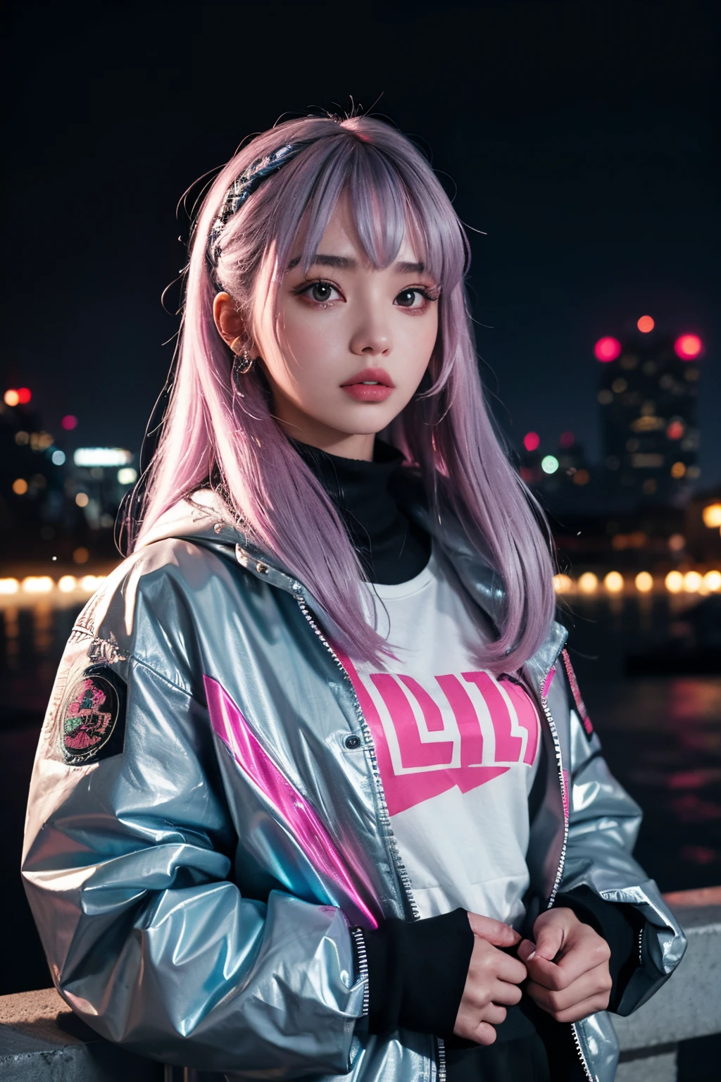 lucy \(cyberpunk\), 1girl, hair scrunchie, hime cut, silver hair, colored tips, full moon, grey eyes, jacket, long sleeves, looking at viewer, medium hair, multicolored hair, parted bangs, parted lips, pink hair, portrait, red eyeliner, red lips, solo, white jacket, cyberpunk \(series\), rainy night in a cyberpunk city with glowing neon lights