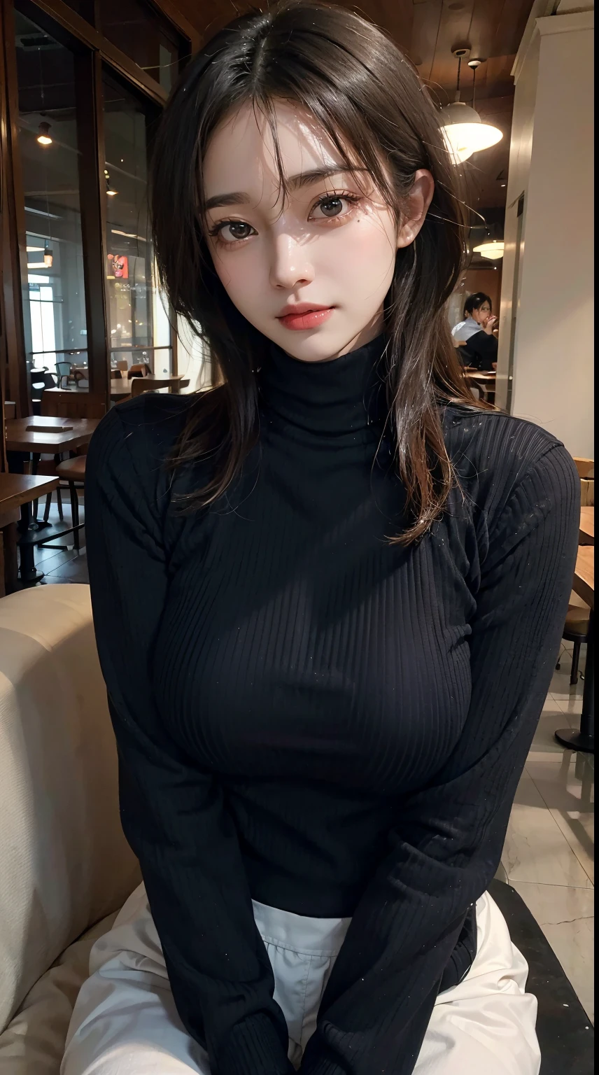 ((Mature woman sitting in front of café)),((turtleneck shirt:1.3)). Photography, masutepiece, Best Quality, dark grey background, ((Mature Women, waifu, Mami, A MILF)), ((middlebreasts)), Perfect face, perfect tits, middlebreasts, ((Gorgeous bright black hair girl with brown eyes)). a Pretty Japanese woman,completely soft chest and white skin,,,,, ((Very soft breasts)). Ultra-detailed face, Detailed eyes, embarrassed, Smile, Summer, Daytime, (((Slave Collar))), Half body, Cleavage Dresses Soft Breasts Realistic Photo Real