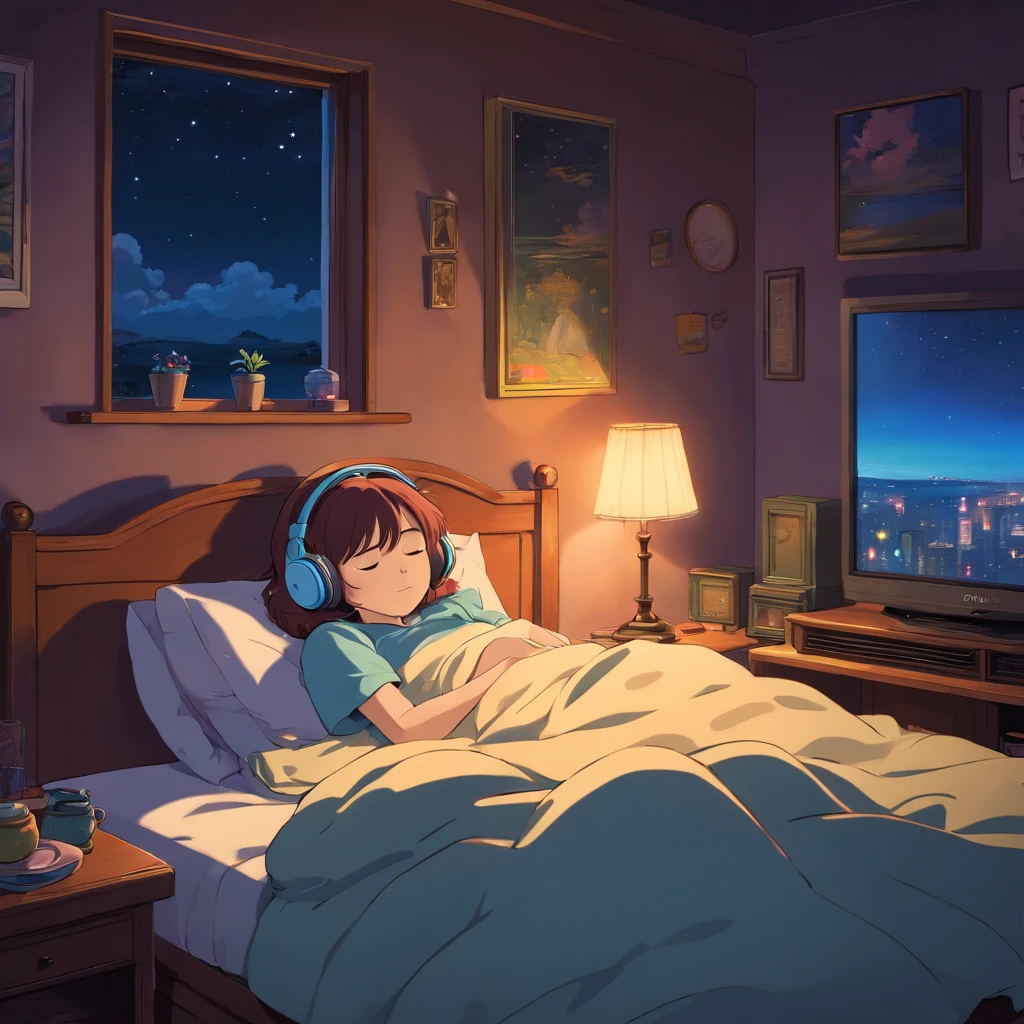 Girl sleeping in a comfortable room at night, Using headphones, 2D style anime, Lo-fi, Hard disk, Dark environment