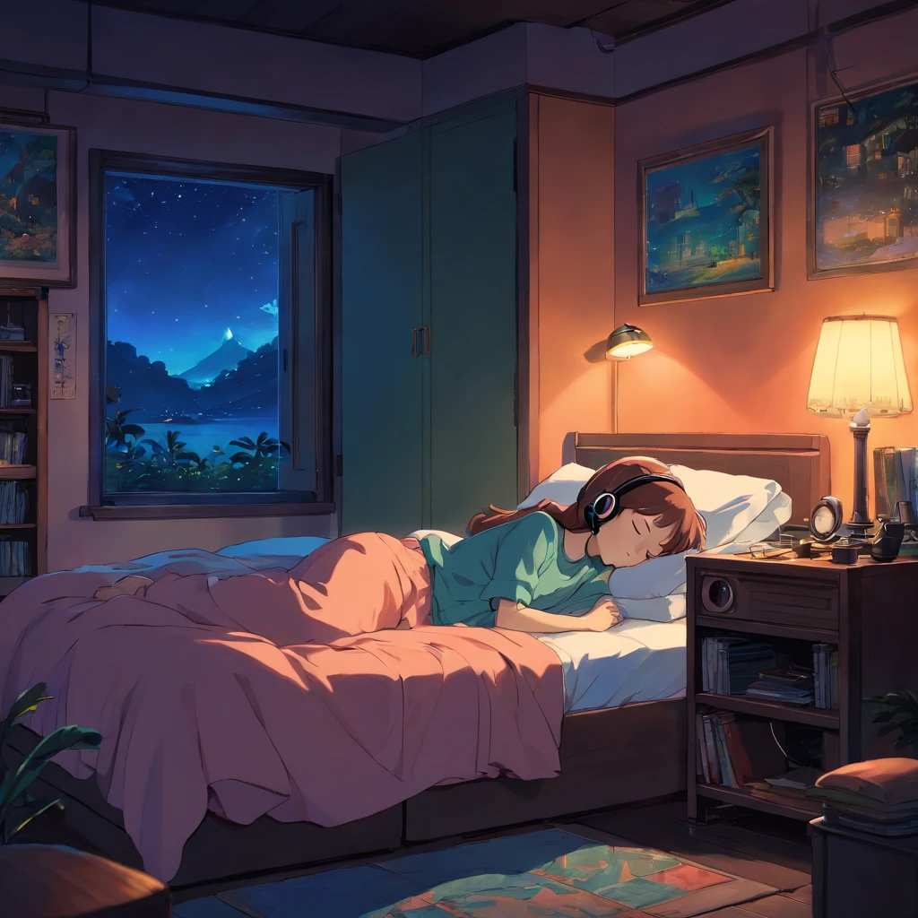 Girl sleeping in a comfortable room at night, Using headphones, 2D style anime, Lo-fi, Hard disk, Dark environment