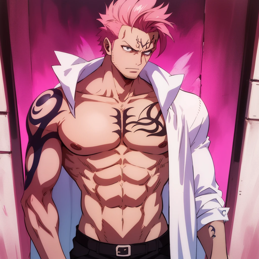 Fox boy with extreme muscular body, dark skin, blue eyes, four arms, bodybuilder posing, pink long braided hair and 9 fluffy fox tails.