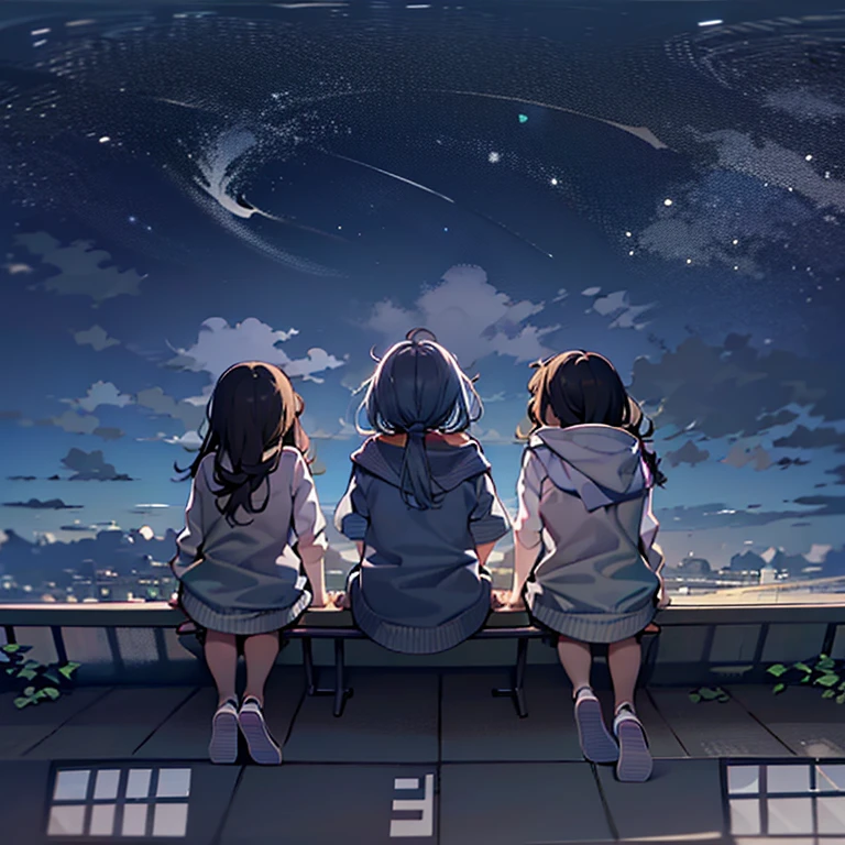 Rear view of 3 little girls sitting on the roof. Octane renderer, sky sky, As estrelas (sky sky), scenecy, starrysky, natta, nigh sky, Alone, Outdoor sports, buliding, cloud, milky ways, sitted, that tree, Long gray hair, 城市, contours, looking over city. There are stars, Moon and Milky Way in the sky. oda