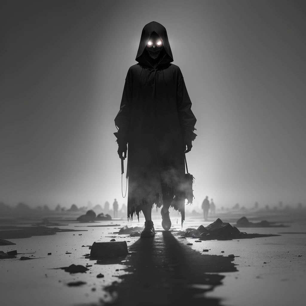 a terrifying horror scene, lone figure standing in a dark space, ghostly apparitions emerging from the shadows, surreal and disturbing ambiance, highly detailed, photorealistic, with a focus on textures, shadows, and lighting effects, reminiscent of The Grudge, nightmare scene, surrealistic [high contrast], limited color palette, dark shadows, haunting, eerie, ghostly figures, --auto --s2
