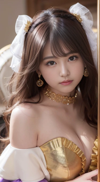 (masutepiece, Best Quality, in 8K、 Raw photo, Looking at Viewer), ((Luxurious and beautiful ball gown dress with a mix of gold and purple,ruffles and rhinestones)) a choker, a beauty girl, Pretty Face, , chromatic abberation, , ring light, 、Rim Lights、Dynamic lighting, Cinematic lighting, A hyper-realistic, hight resolution, extremely detailed eye and face, Sharp pupils, Realistic pupils, (simple purple background), Eyes are brown,((high-heels))FULL BODYSHOT